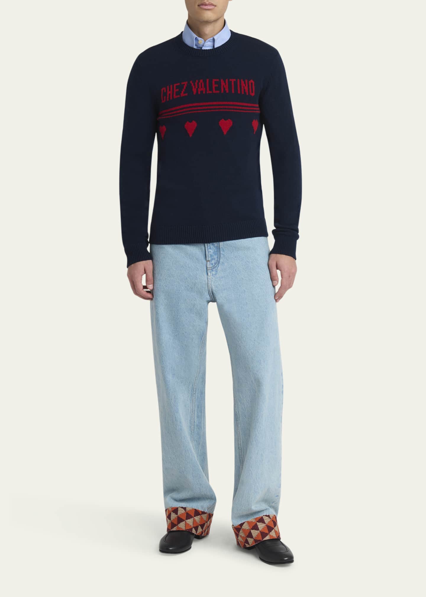 Valentino Garavani Men's Wool Chez Valentino Heart Jacquard Crewneck Sweater Image 2 of 5