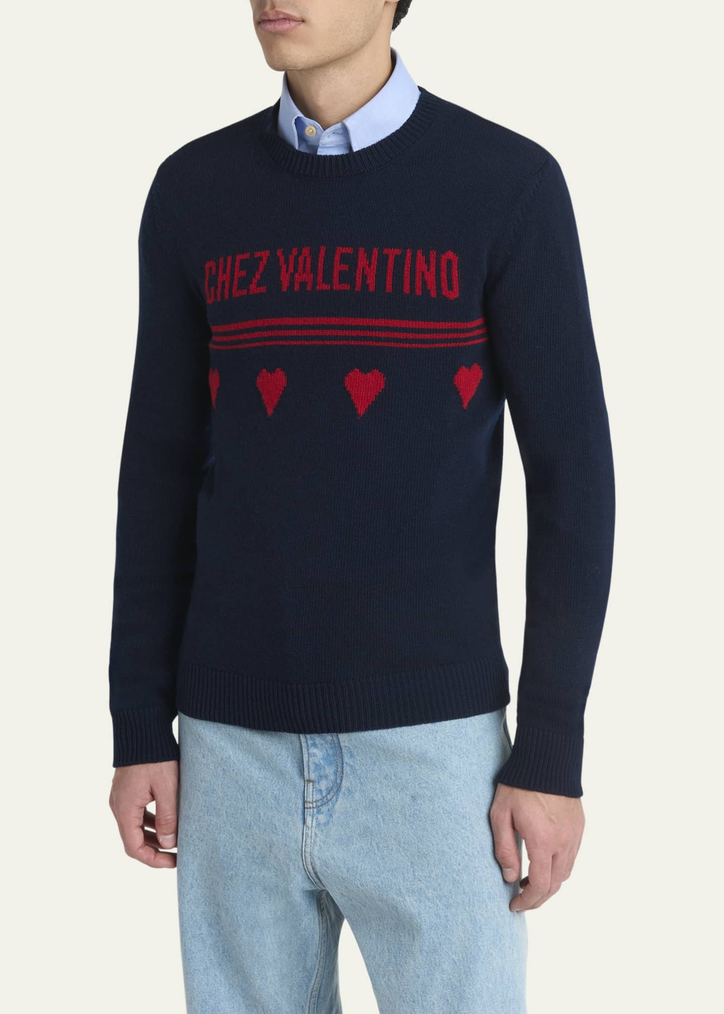 Valentino Garavani Men's Wool Chez Valentino Heart Jacquard Crewneck Sweater Image 4 of 5