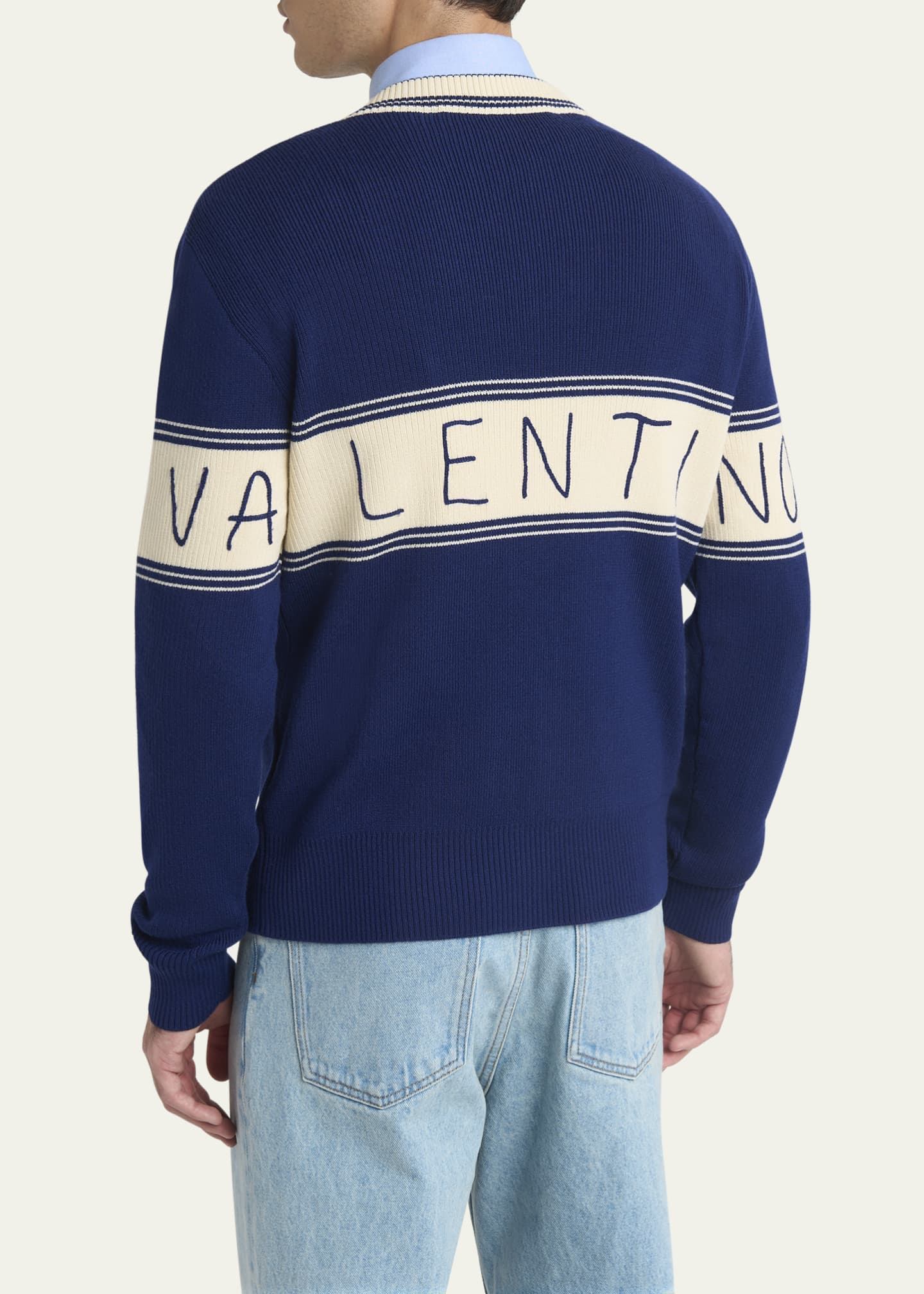 Valentino Garavani Men's Wool and Cotton Chez Jacquard V-Neck Sweater Image 3 of 5