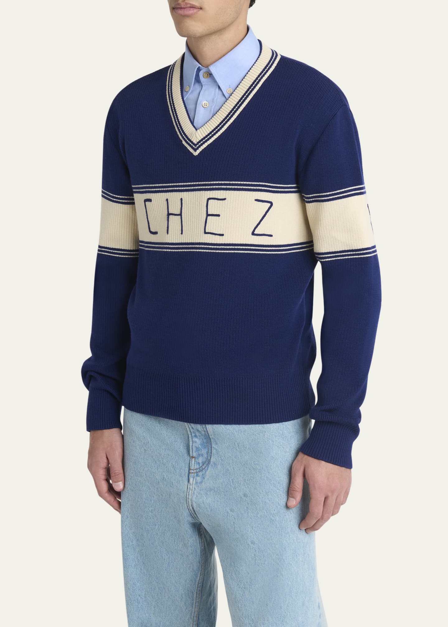 Valentino Garavani Men's Wool and Cotton Chez Jacquard V-Neck Sweater Image 4 of 5