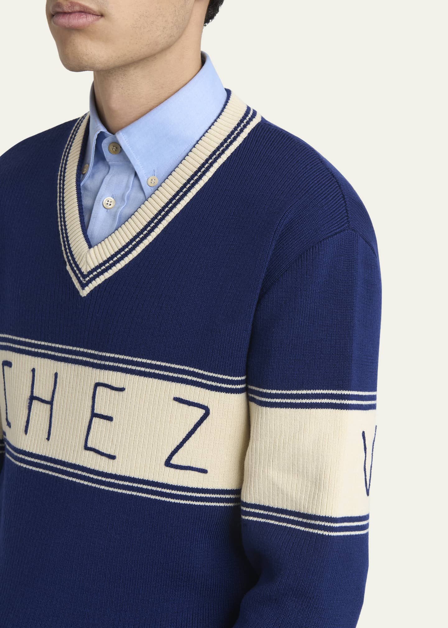 Valentino Garavani Men's Wool and Cotton Chez Jacquard V-Neck Sweater Image 5 of 5
