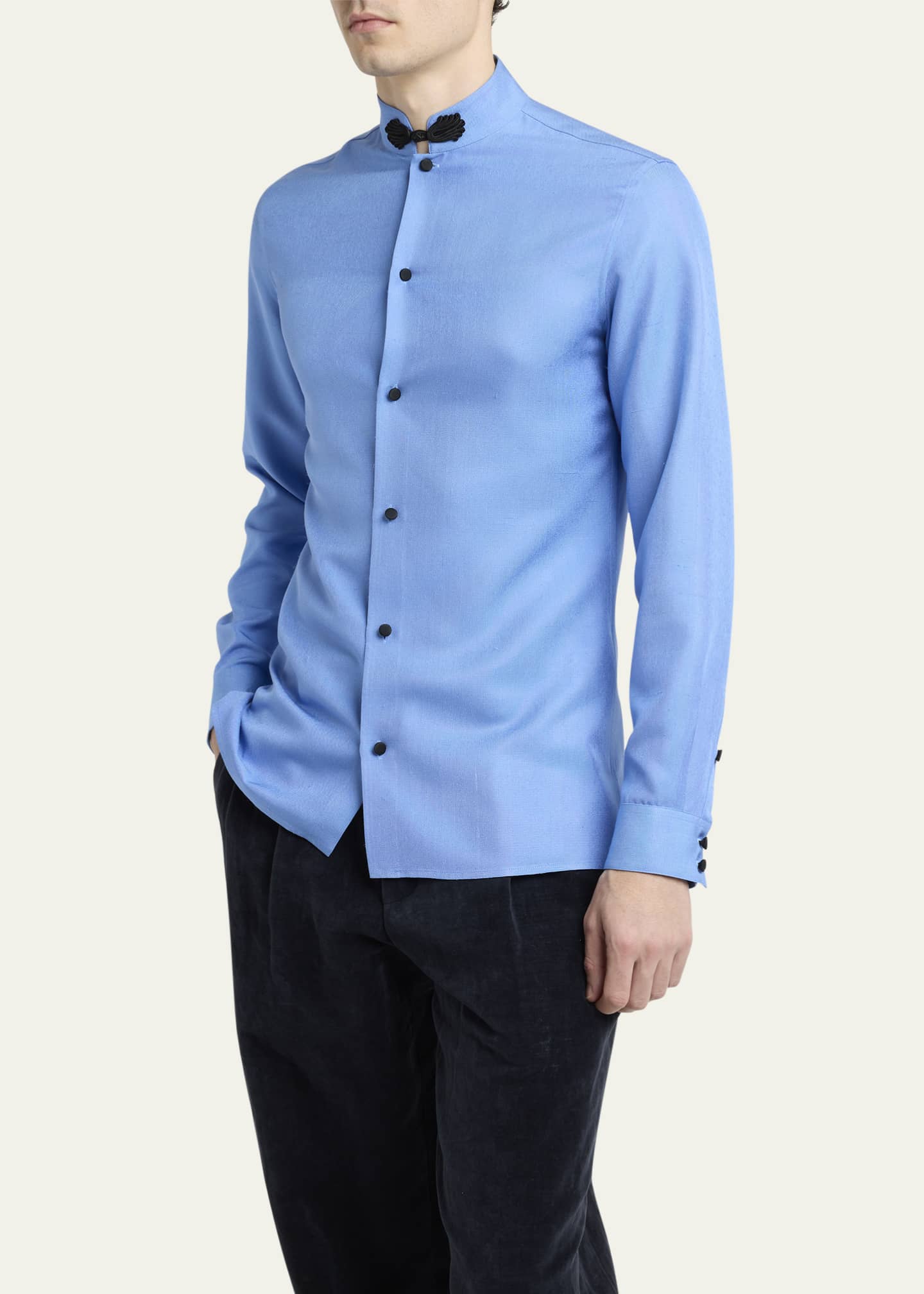 Valentino Garavani Men's Silk Shantung Toggle Band-Collar Sport Shirt Image 3 of 4