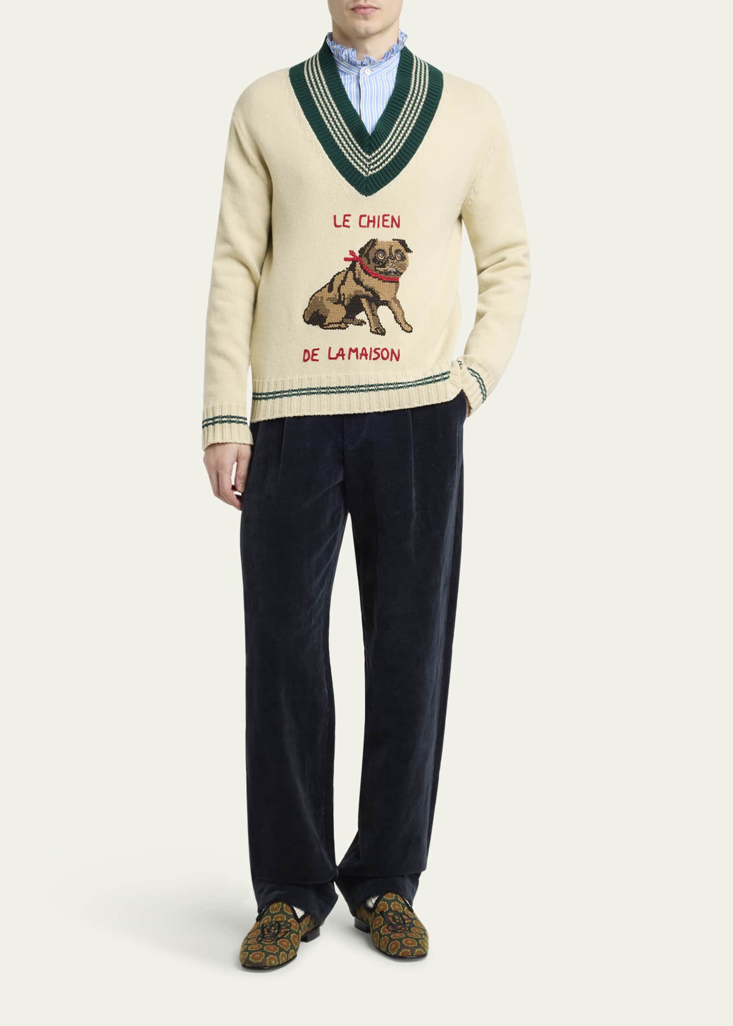 Valentino Garavani Men's Wool Le Chien De La Maison Jacquard V-Neck Sweater Image 2 of 5