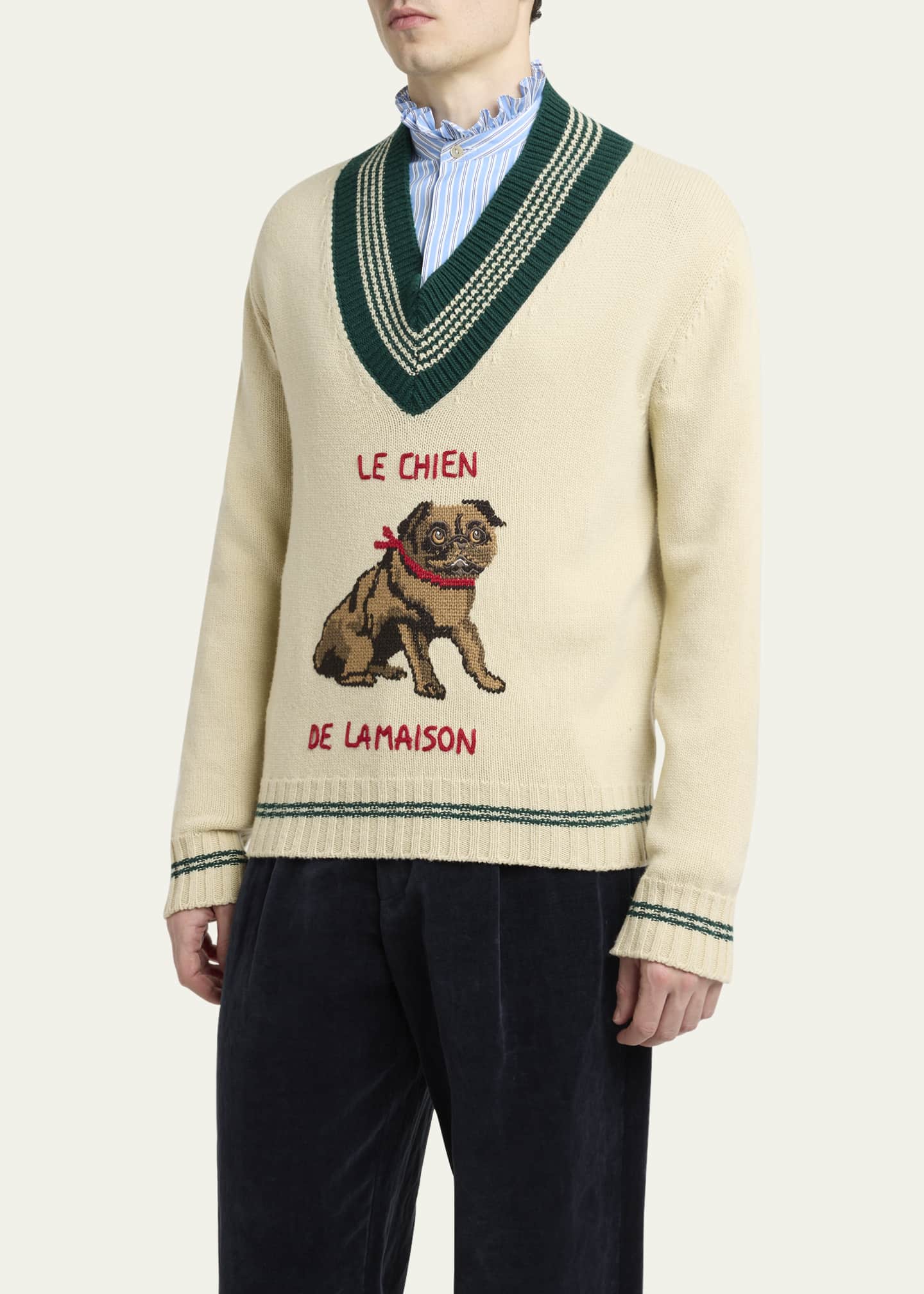 Valentino Garavani Men's Wool Le Chien De La Maison Jacquard V-Neck Sweater Image 4 of 5