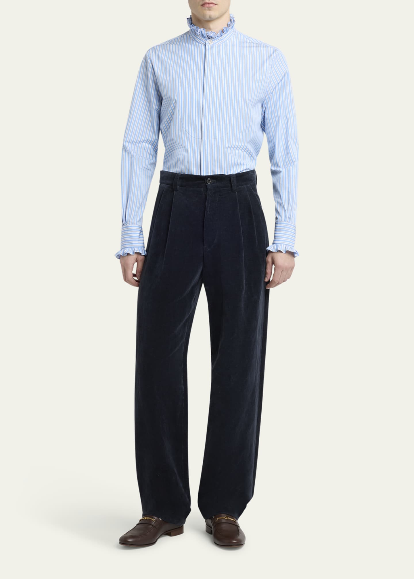 Valentino Garavani Men's Stripe Poplin Ruffle-Trim Sport Shirt Image 2 of 5