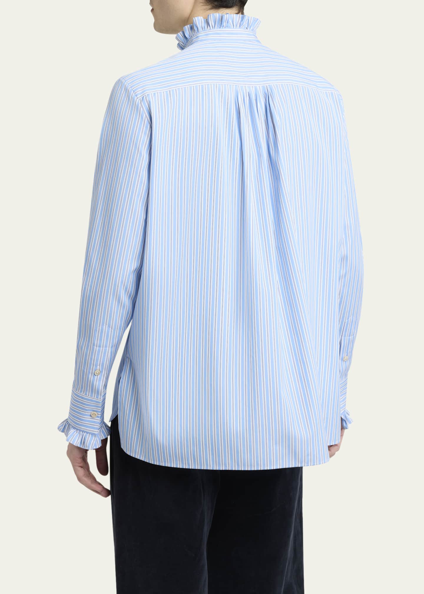 Valentino Garavani Men's Stripe Poplin Ruffle-Trim Sport Shirt Image 3 of 5