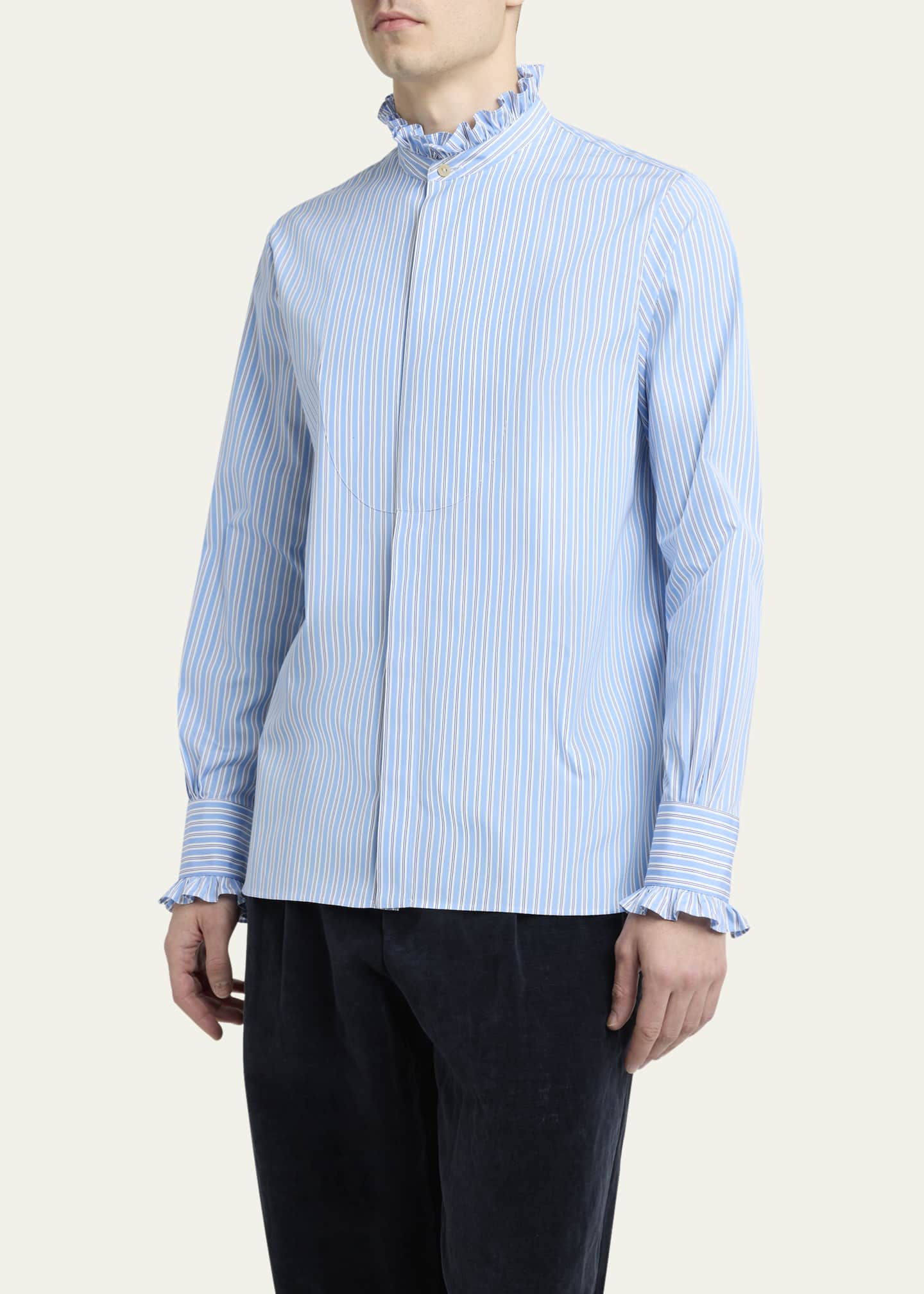 Valentino Garavani Men's Stripe Poplin Ruffle-Trim Sport Shirt Image 4 of 5