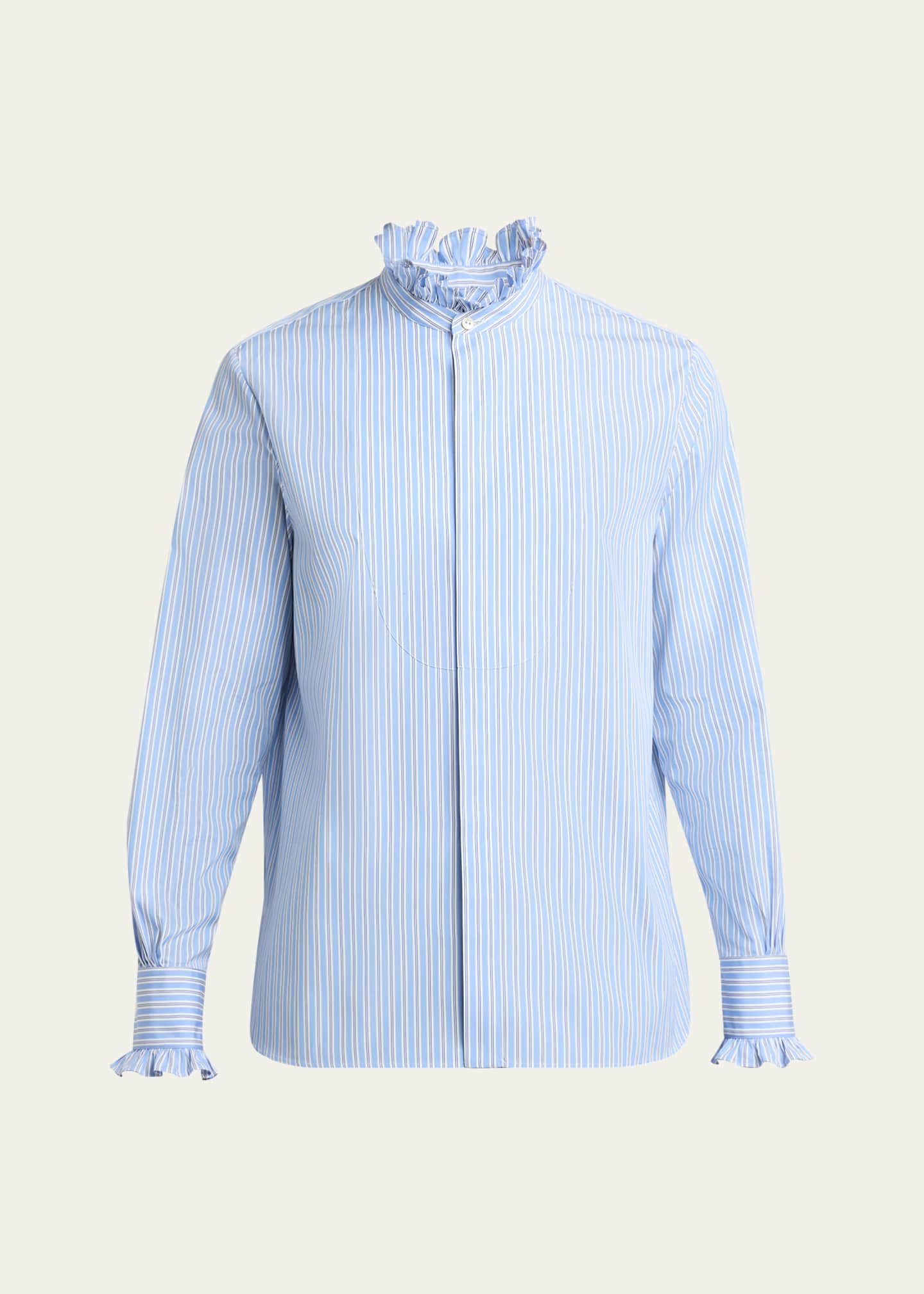 Valentino Garavani Men's Stripe Poplin Ruffle-Trim Sport Shirt Image 1 of 5