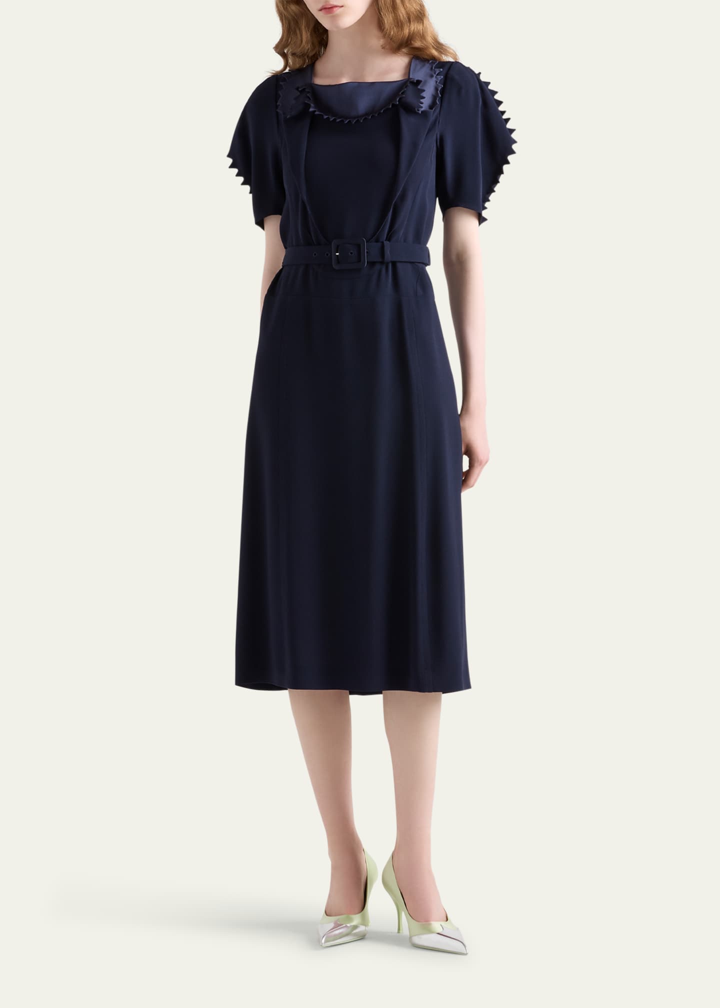 Prada Puffy-Sleeve Belted Crepe De Chine Midi Dress Image 2 of 3