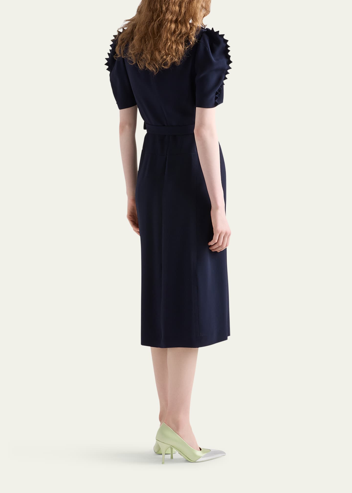 Prada Puffy-Sleeve Belted Crepe De Chine Midi Dress Image 3 of 3