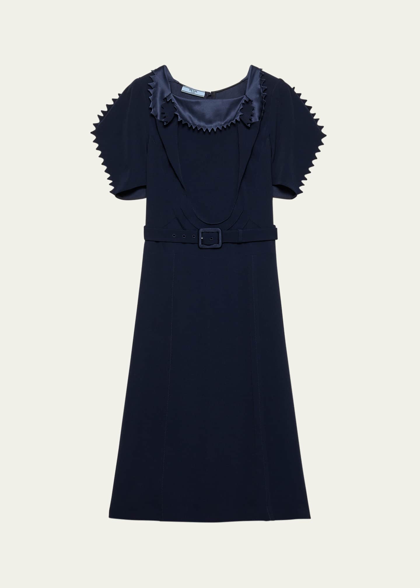 Prada Puffy-Sleeve Belted Crepe De Chine Midi Dress Image 1 of 3