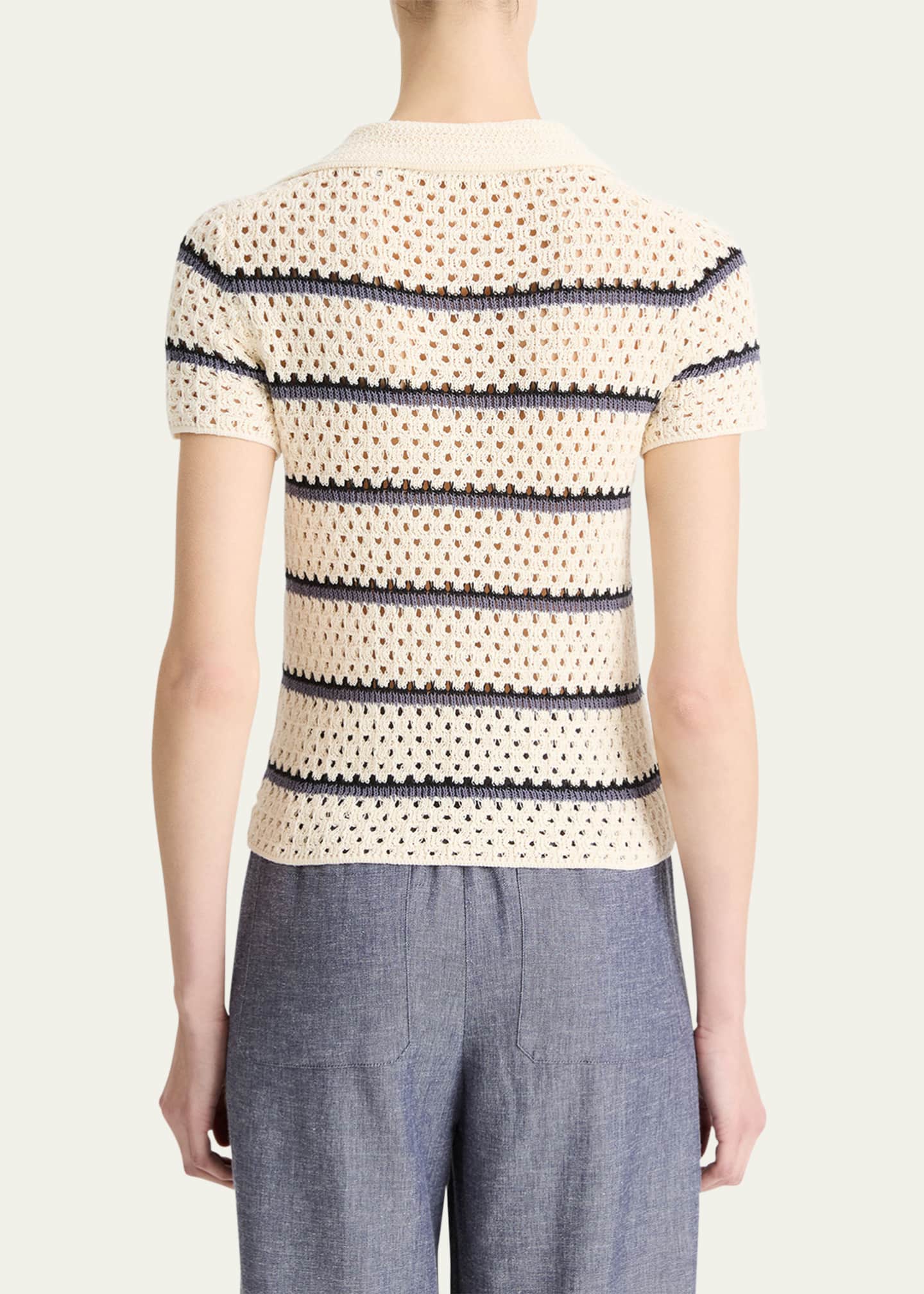 Stripe Short-Sleeve Macrame Top - Thumbnail 2