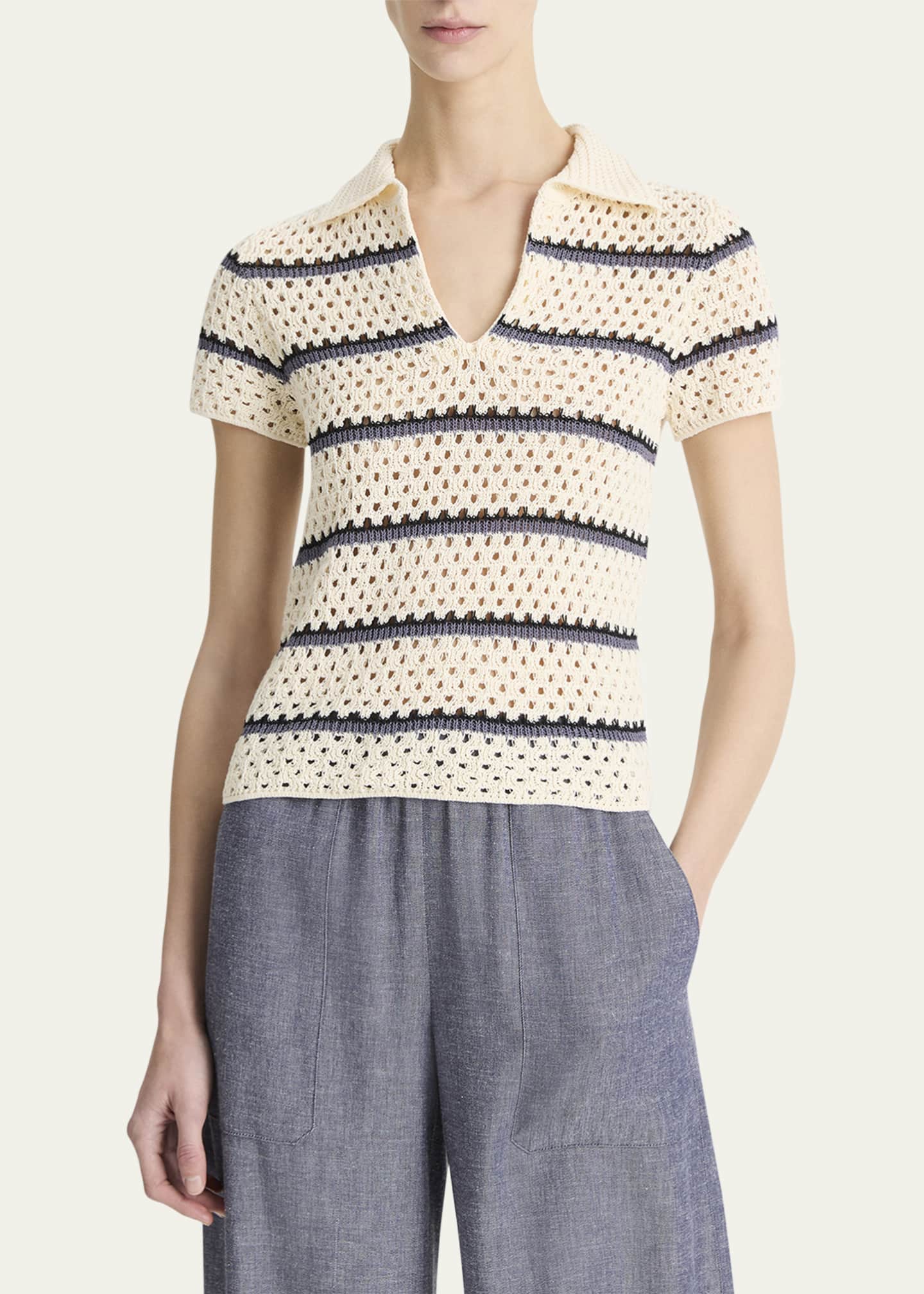 Stripe Short-Sleeve Macrame Top - Thumbnail 3