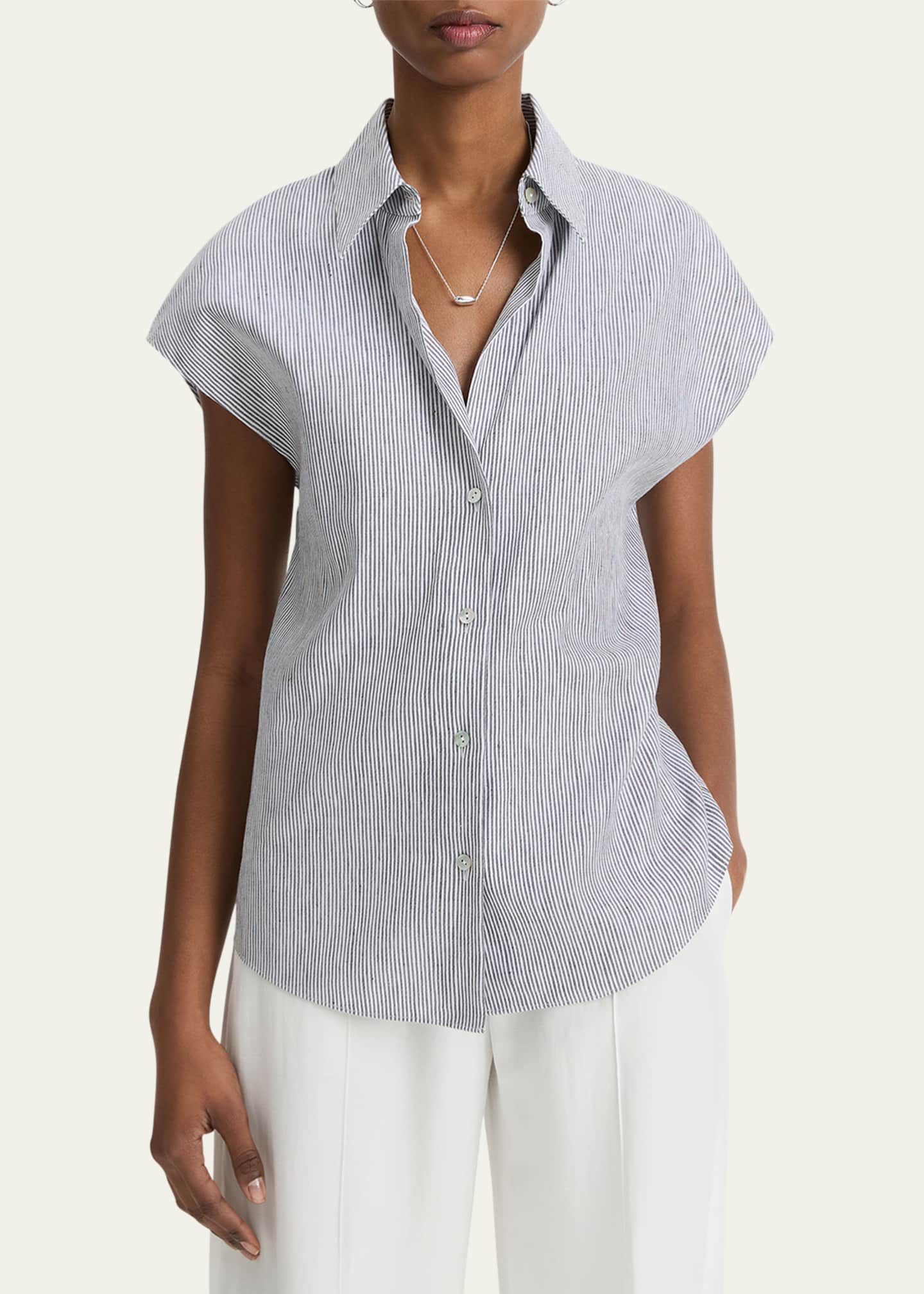 Vince Ticking Stripe Cap-Sleeve Blouse Image 3 of 3