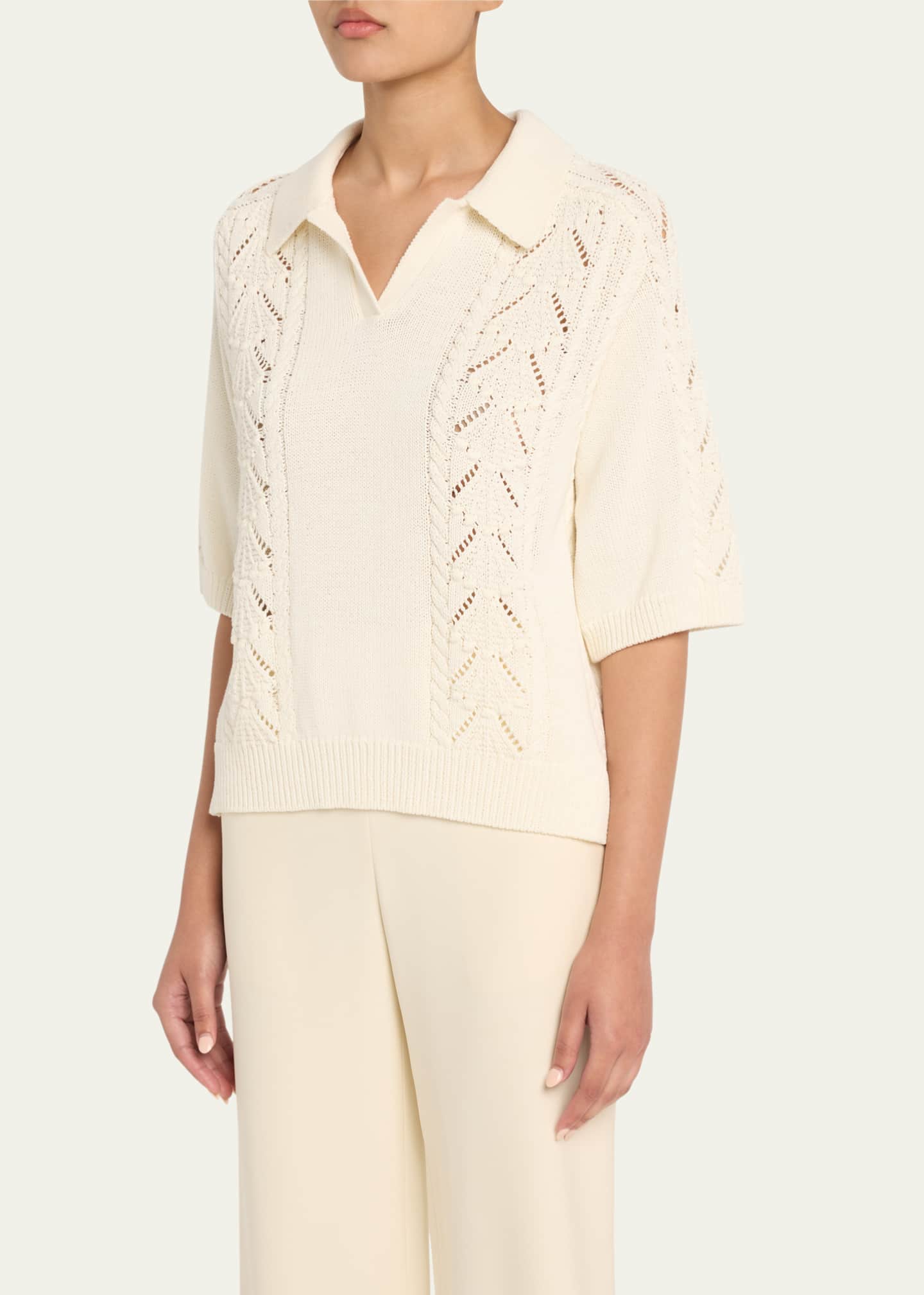 Loulou Studio Kina Pointelle & Cable-Knit Cotton Polo Sweater Image 4 of 5
