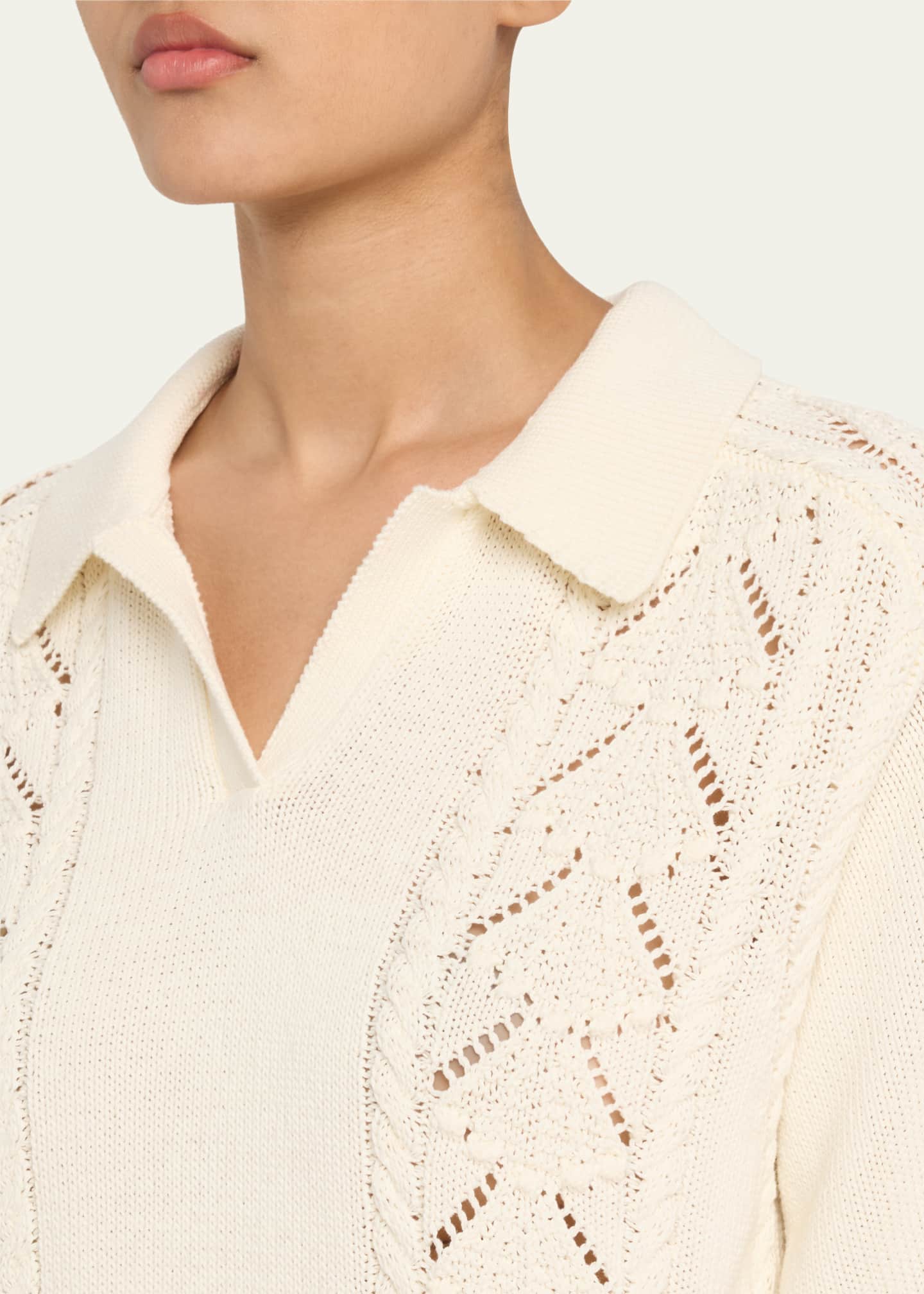 Loulou Studio Kina Pointelle & Cable-Knit Cotton Polo Sweater Image 5 of 5