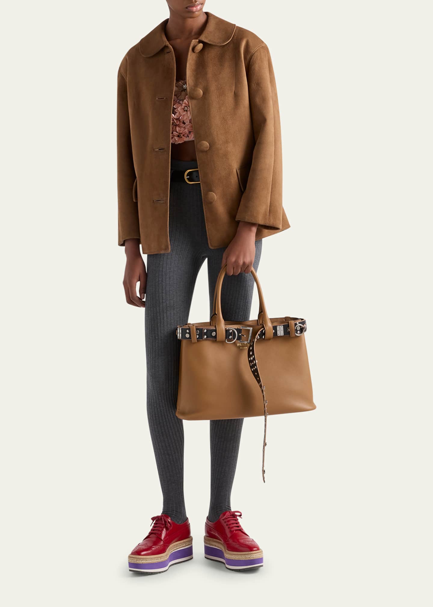 Prada Studded Buckle Leather Top-Handle Bag Image 5 of 5