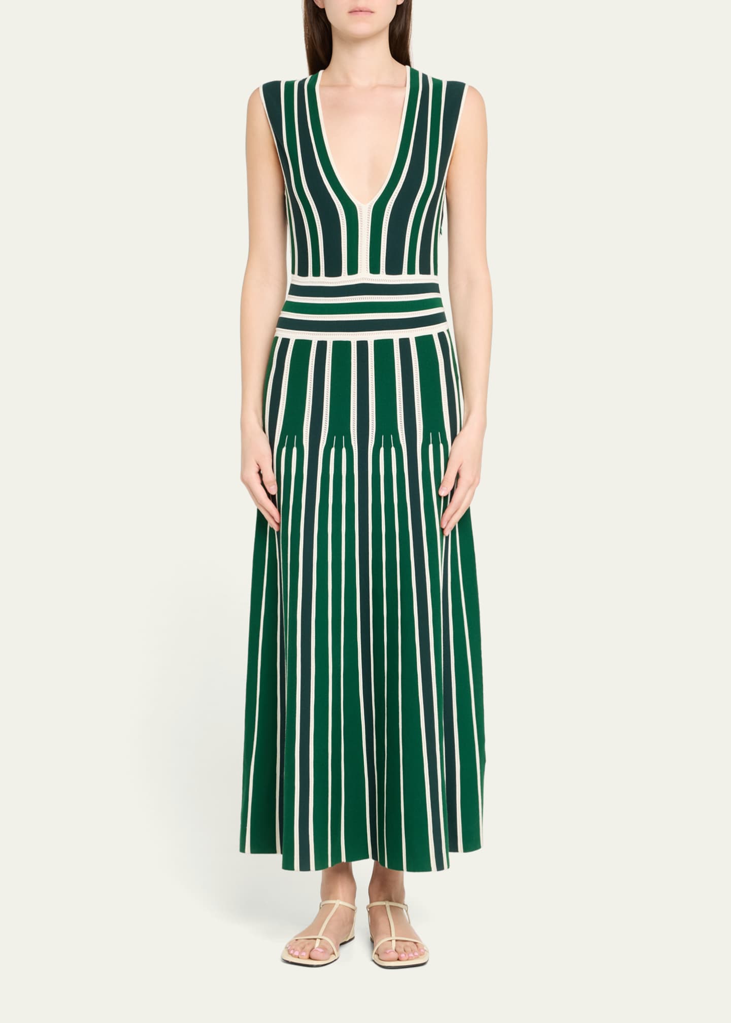 Max Mara Tallone Plunging Stripe Pleated Knit Midi Dress