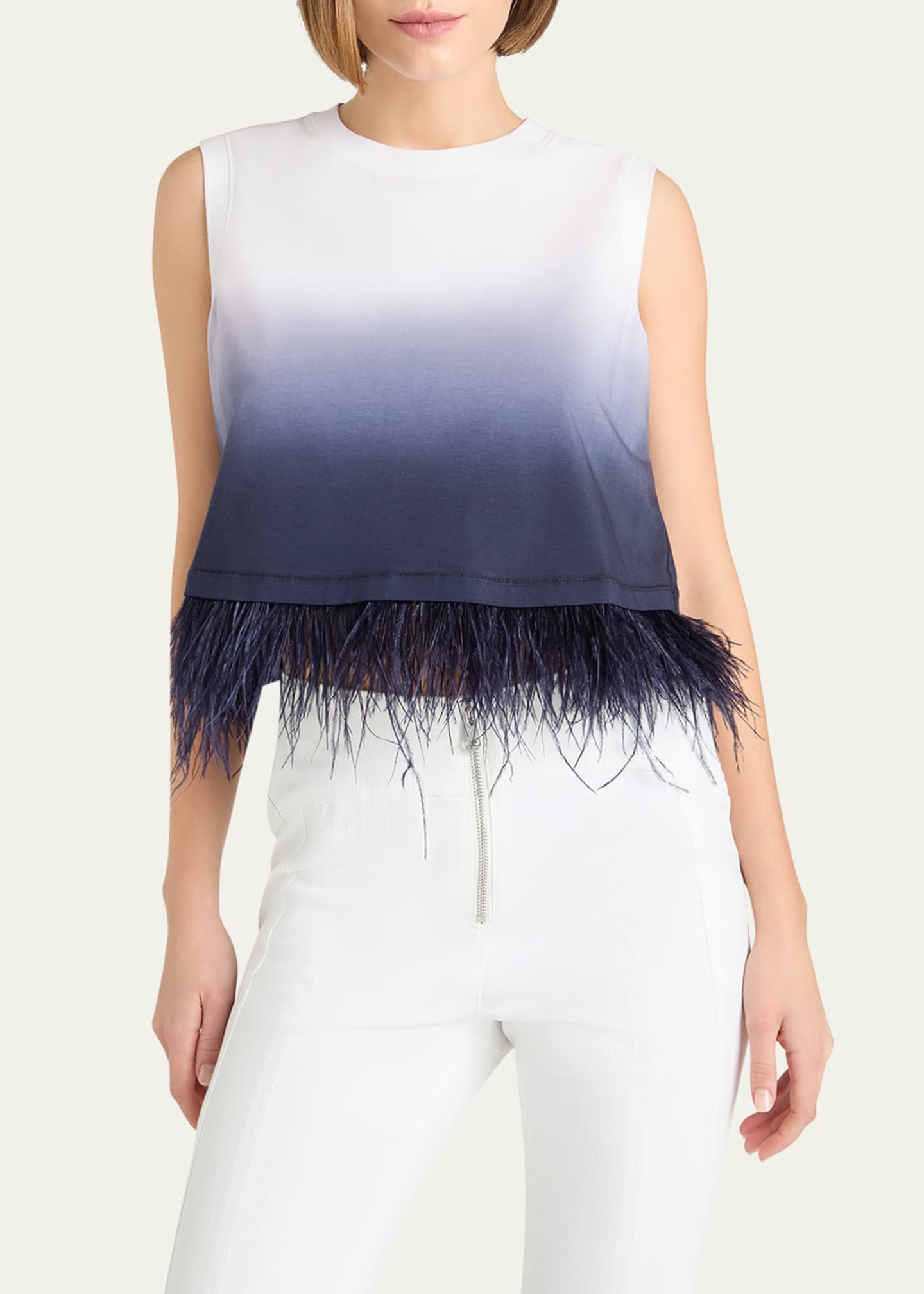 Cinq a Sept Sleeveless Cropped Feather-Trim Tee Image 3 of 3