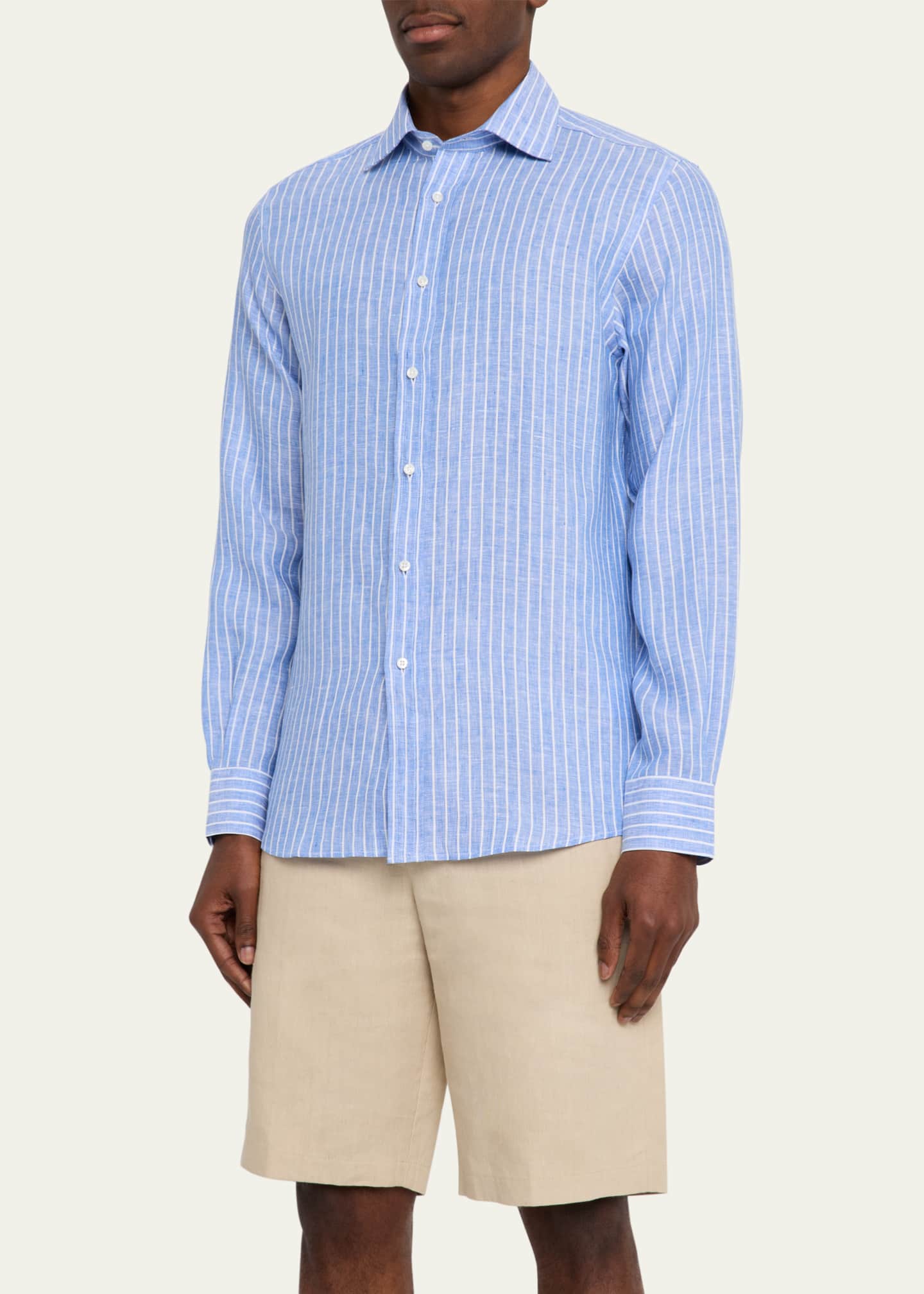 Ralph Lauren Purple Label Men's Aston Striped Linen Sport Shirt Image 4 of 5