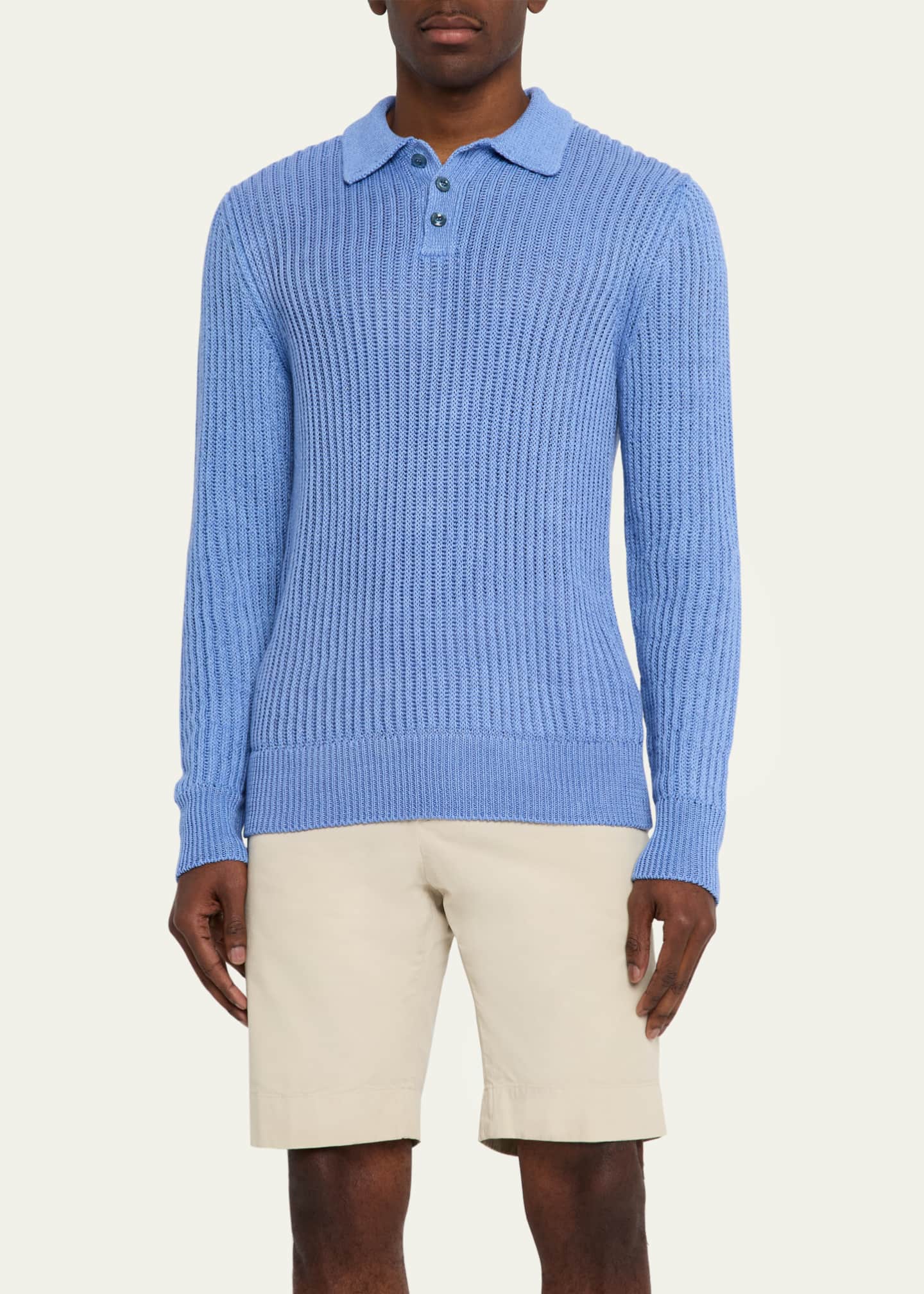Men's Linen-Silk Long-Sleeve Polo Sweater - Thumbnail 4
