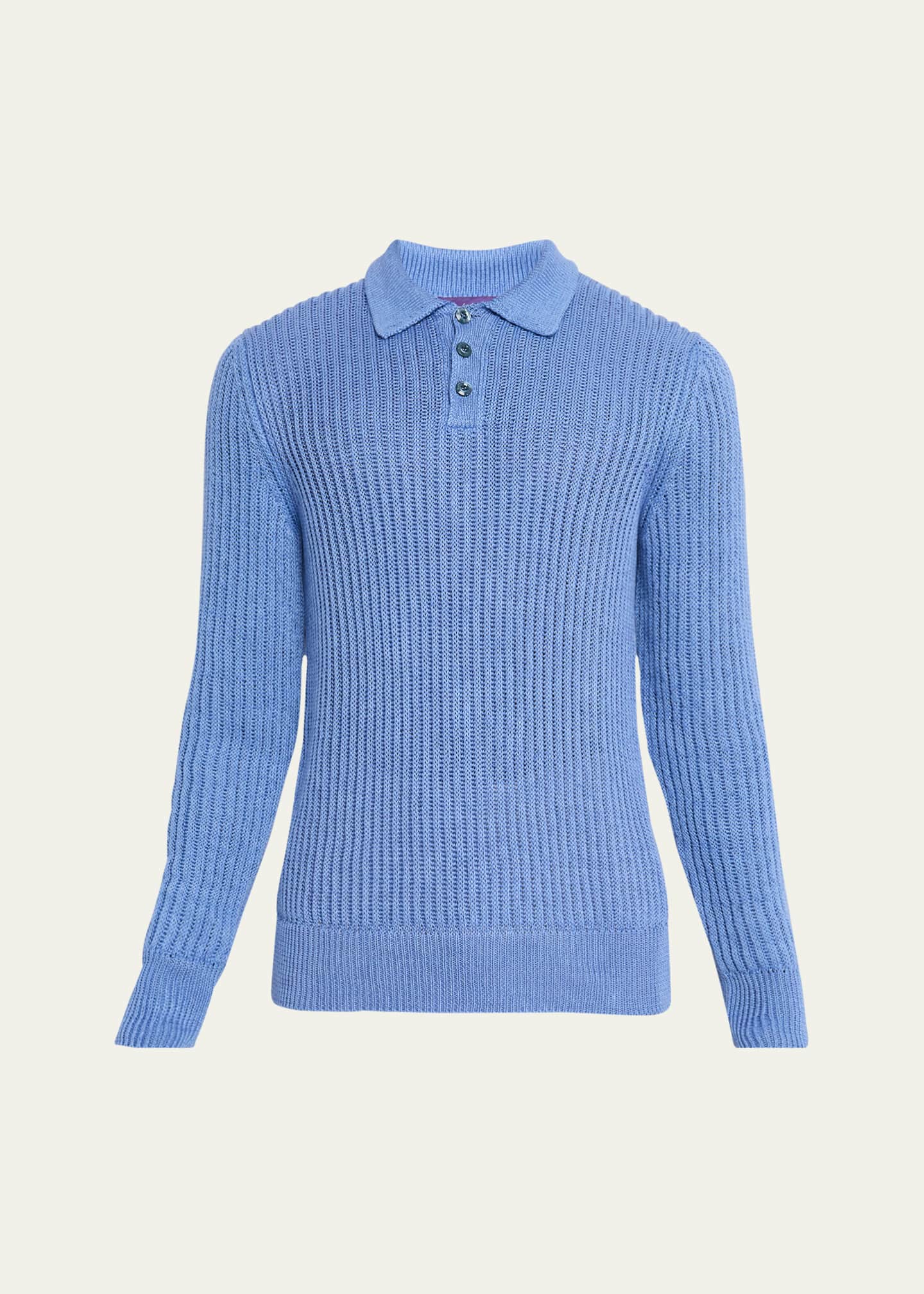Men's Linen-Silk Long-Sleeve Polo Sweater