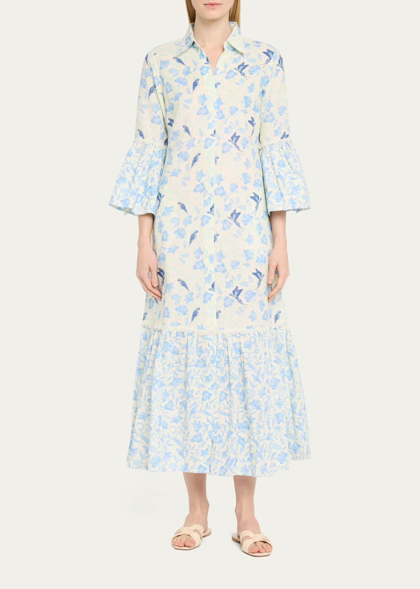 Verandah Floral Bird Linen-Cotton Midi Shirtdress Image 2 of 4