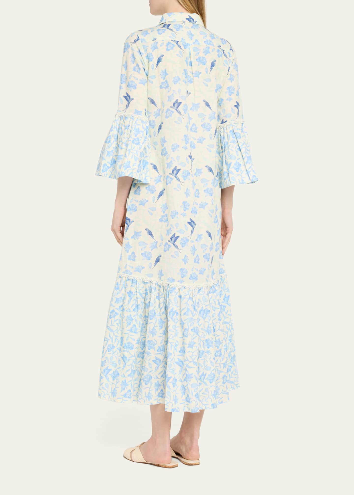 Verandah Floral Bird Linen-Cotton Midi Shirtdress Image 3 of 4