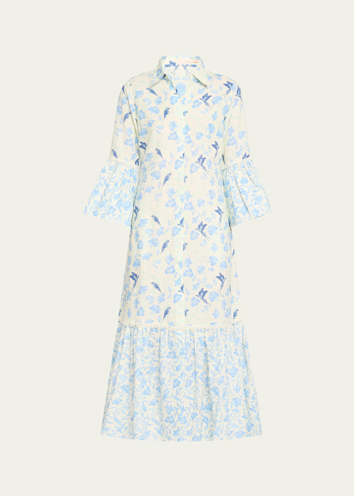 Verandah Floral Bird Linen-Cotton Midi Shirtdress Image 1 of 4