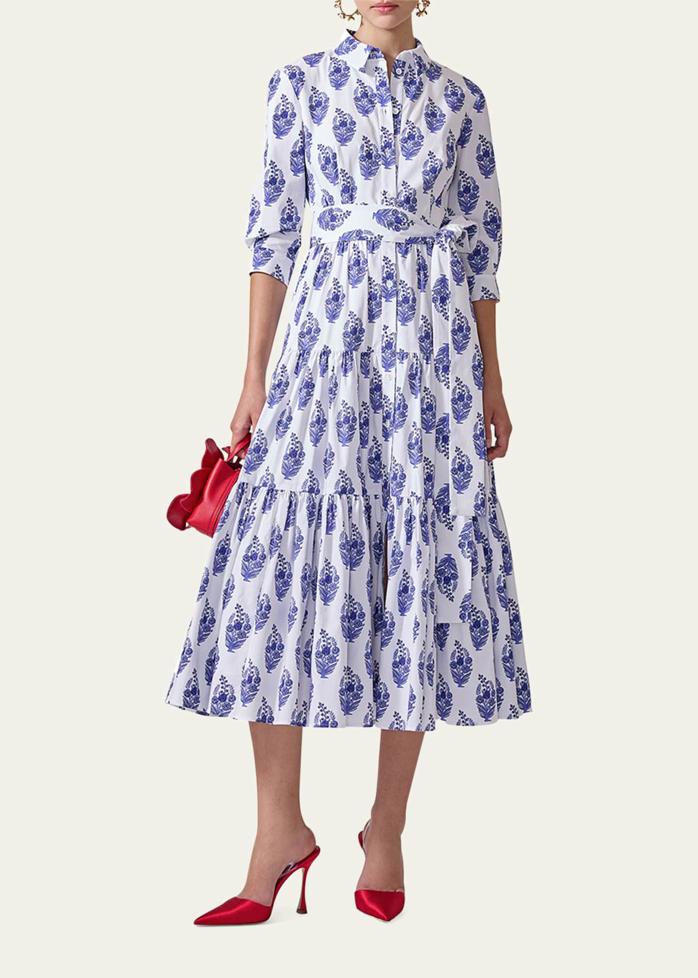 Carolina Herrera 3/4-Sleeve Tiered Midi Shirtdress Image 2 of 4