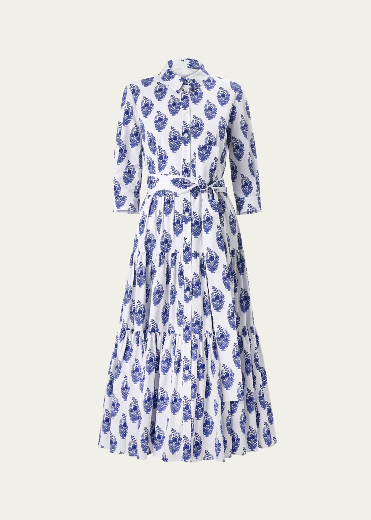 Carolina Herrera 3/4-Sleeve Tiered Midi Shirtdress Image 1 of 4