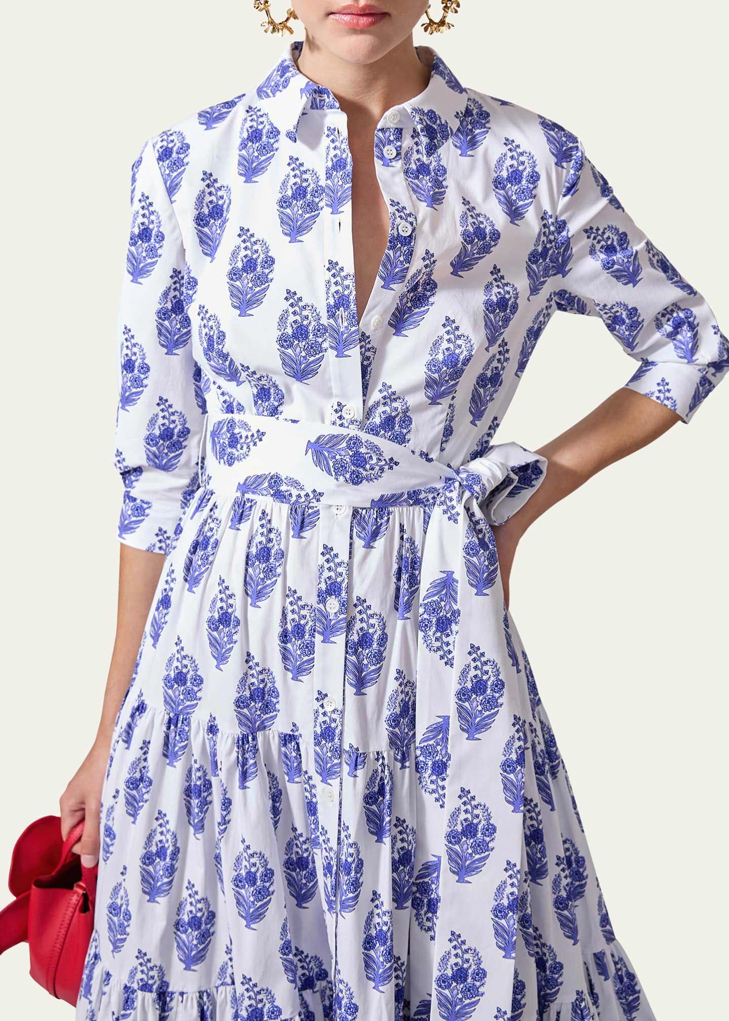 Carolina Herrera 3/4-Sleeve Tiered Midi Shirtdress Image 4 of 4