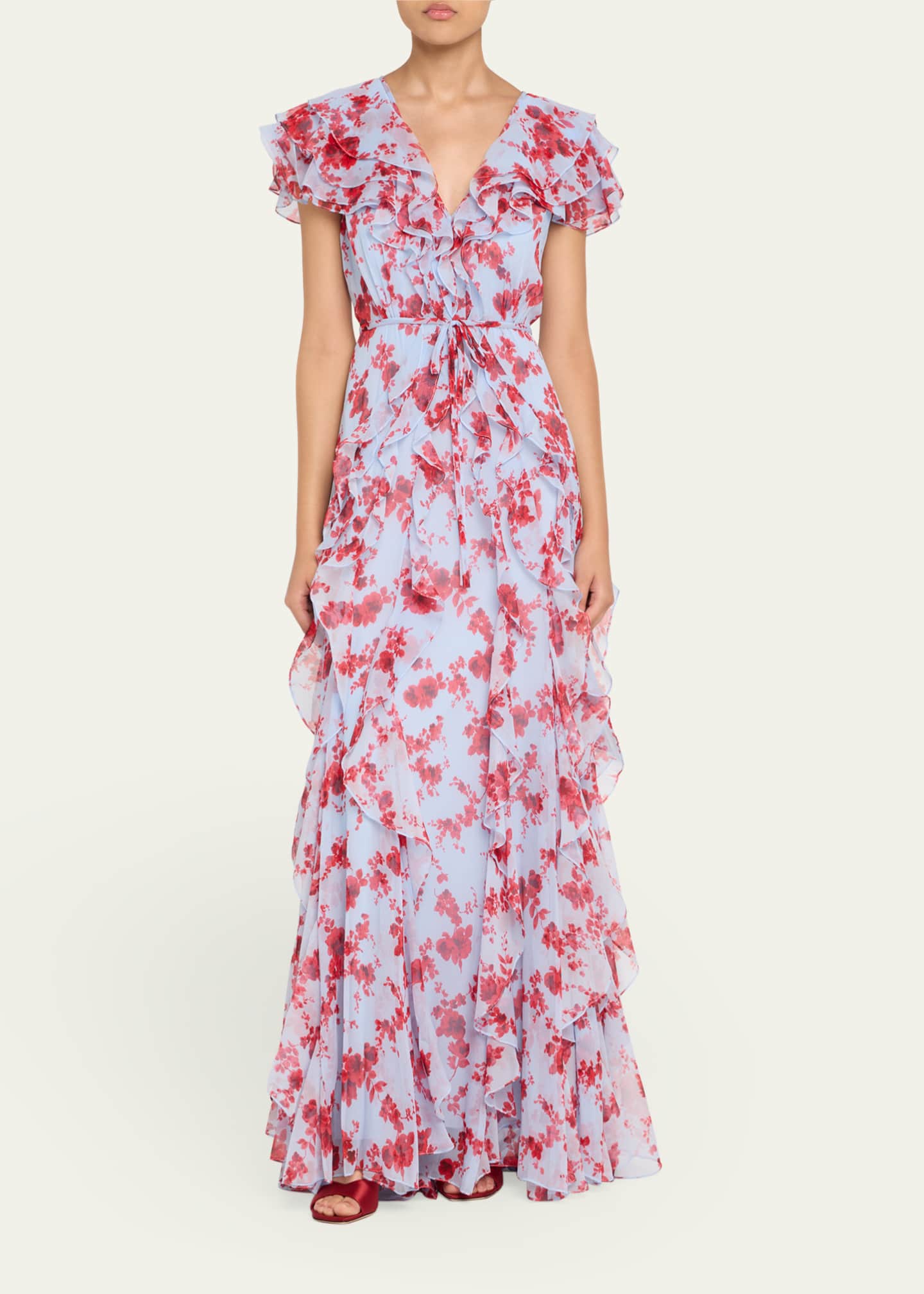 Carolina Herrera Plunging Ruffle Short-Sleeve Silk Gown Image 2 of 4