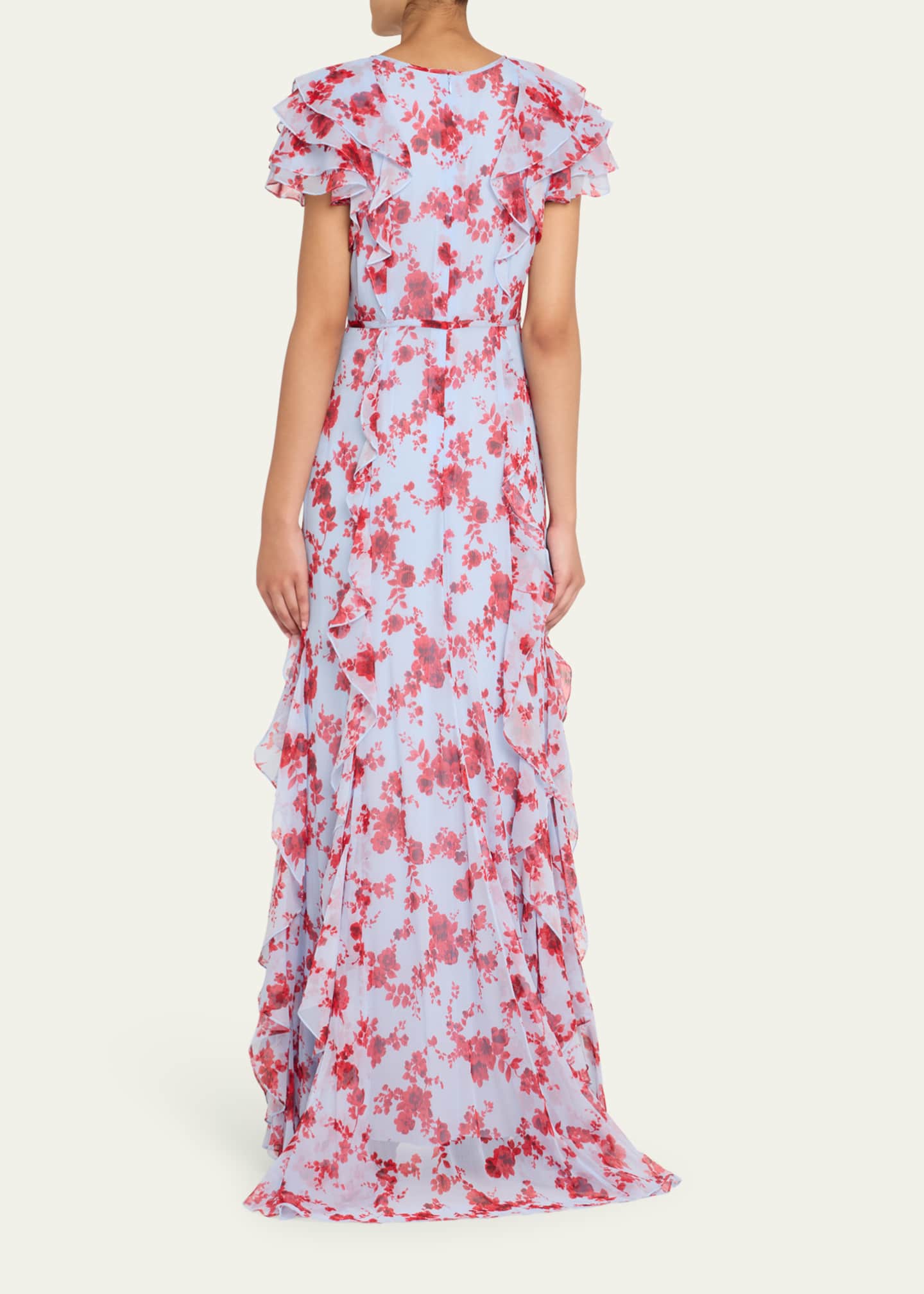 Carolina Herrera Plunging Ruffle Short-Sleeve Silk Gown Image 3 of 4