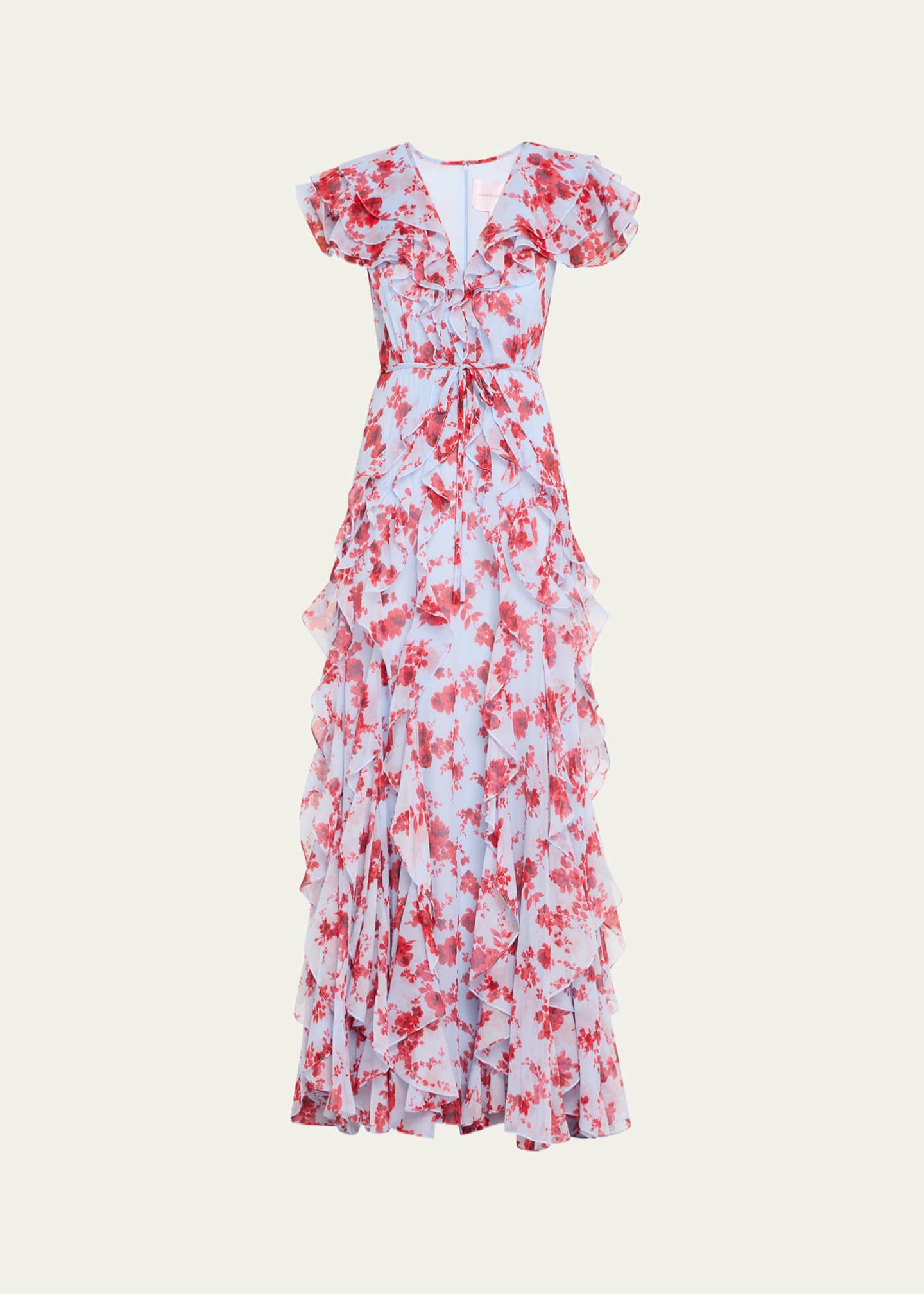 Carolina Herrera Plunging Ruffle Short-Sleeve Silk Gown Image 1 of 4