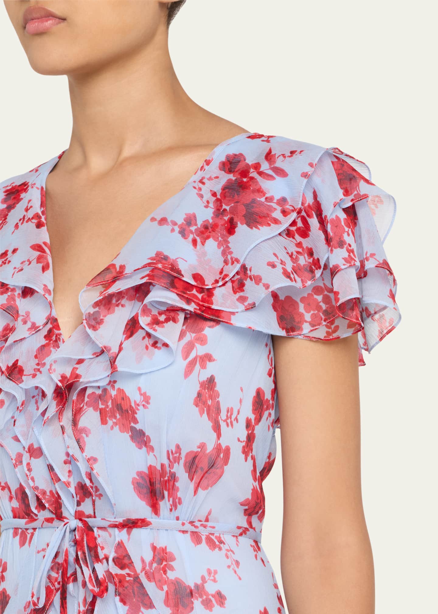 Carolina Herrera Plunging Ruffle Short-Sleeve Silk Gown Image 4 of 4