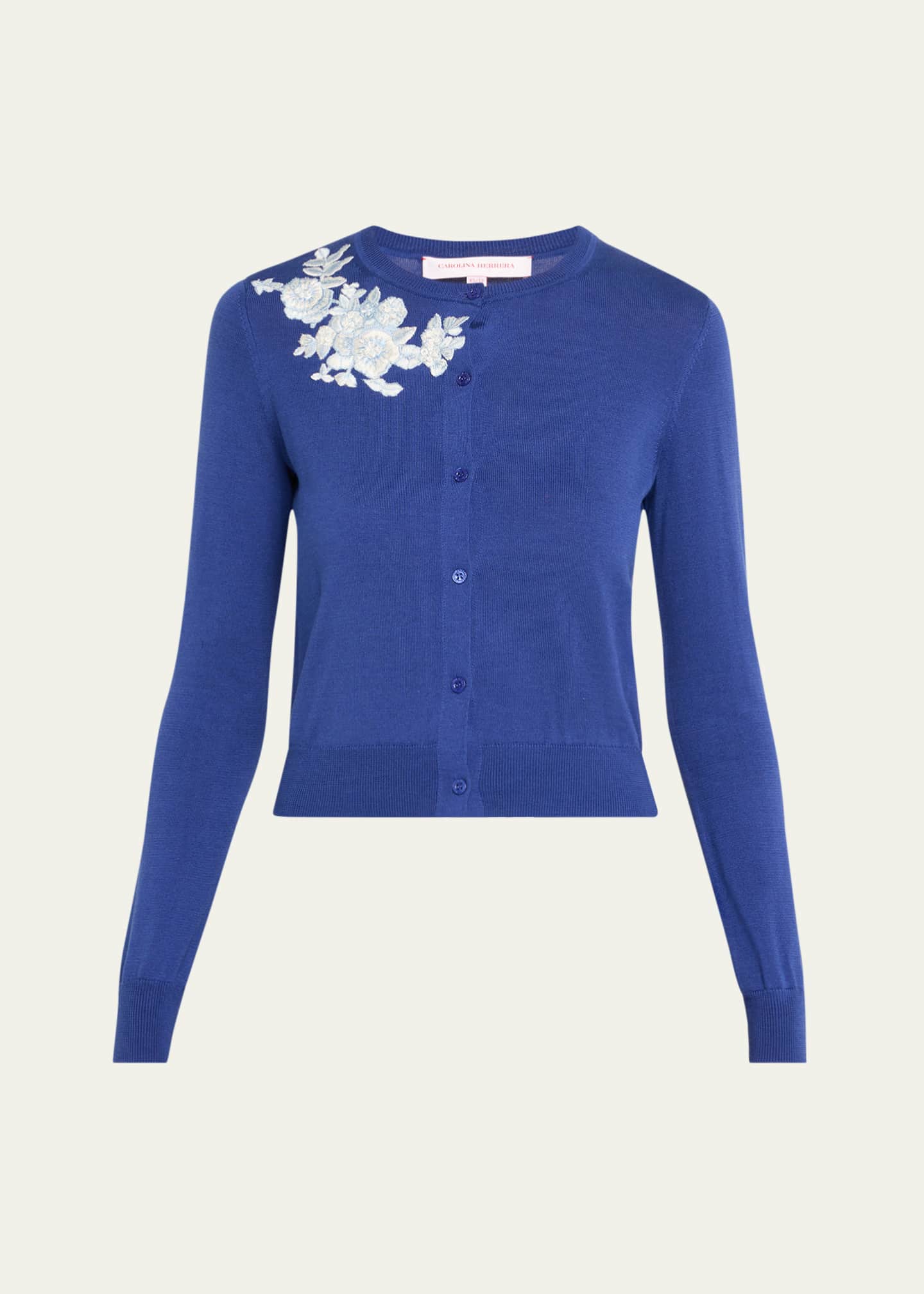 Carolina Herrera Floral Embroidered Crewneck Cardigan Image 1 of 5