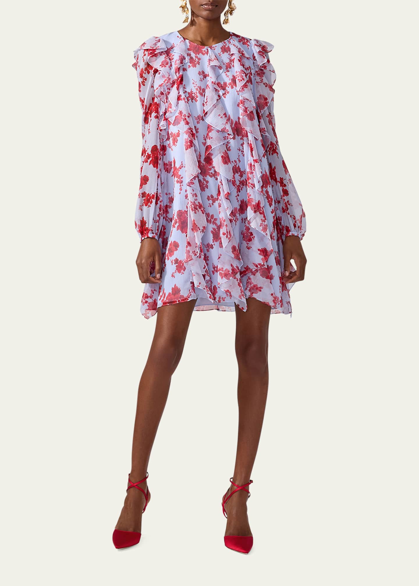 Carolina Herrera Floral Ruffle Chiffon Mini Dress Image 2 of 4