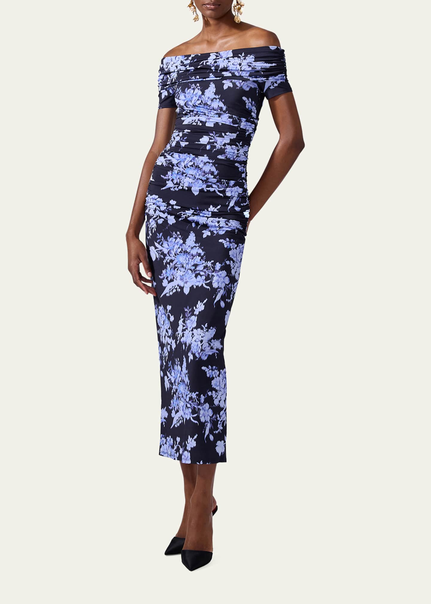Carolina Herrera Off-the-Shoulder Floral Gathered Body-Con Dress Image 2 of 3