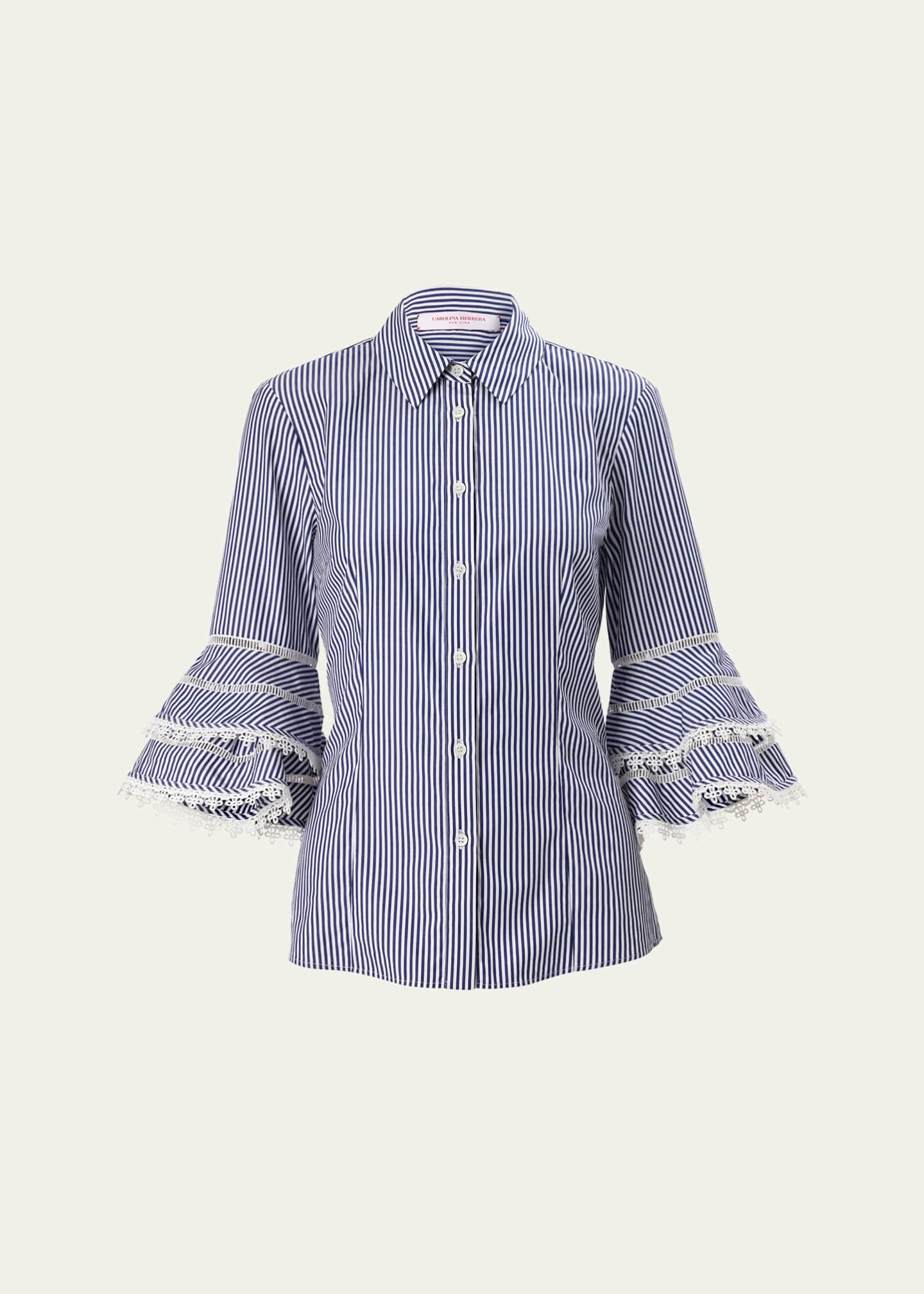 Carolina Herrera Stripe Tiered Ruffle Sleeve Button Down Top Image 1 of 3