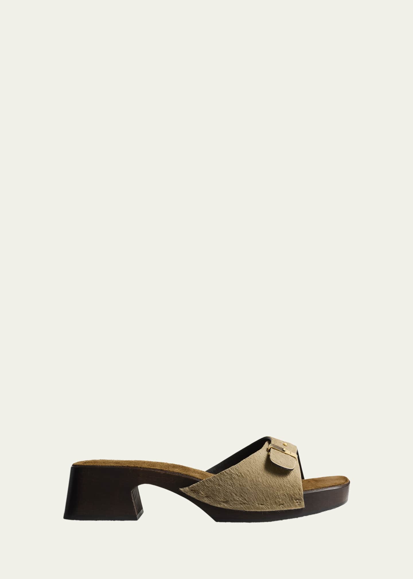 Khaite Britt Pony Hair Buckle Clog Sandals