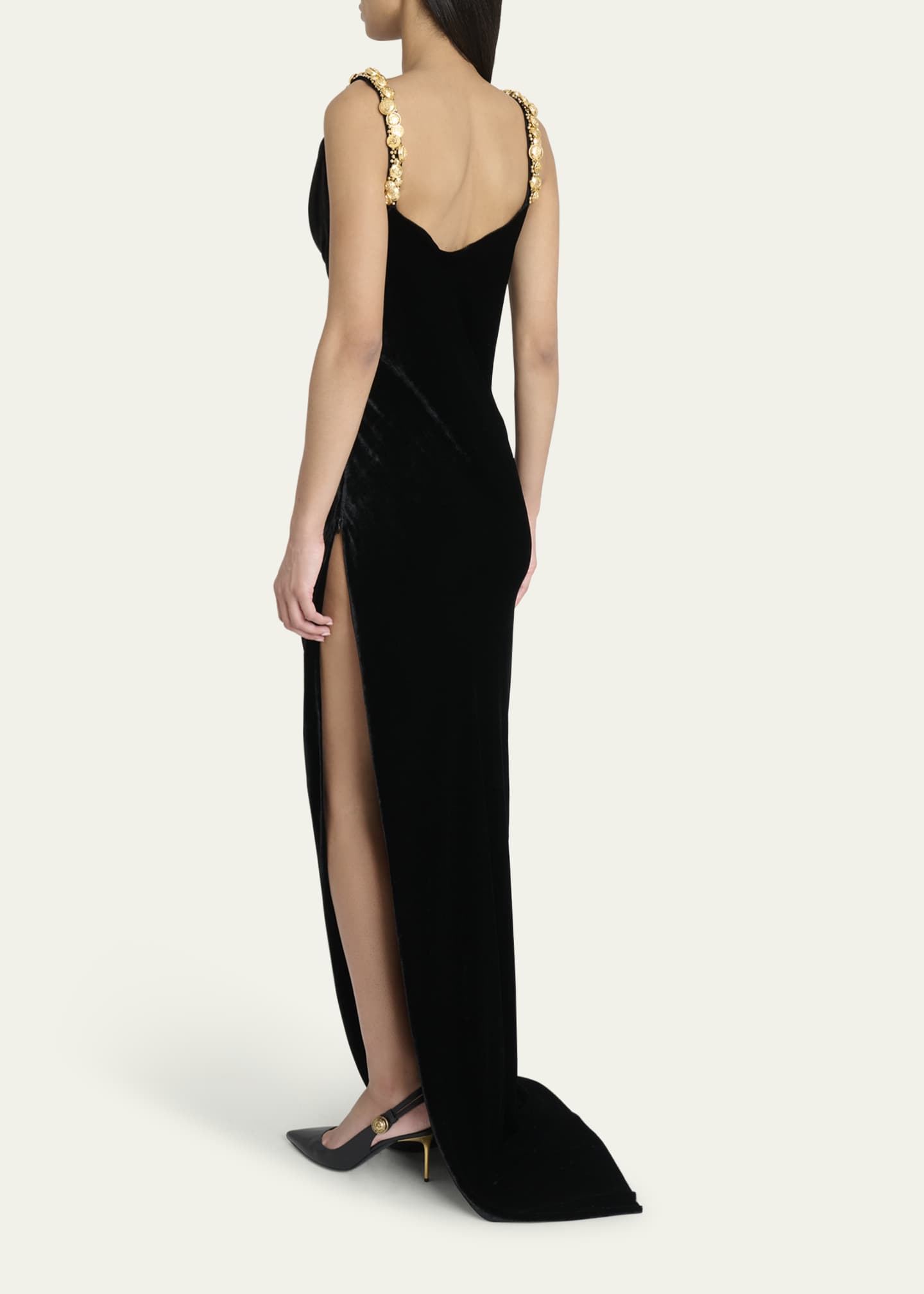 Balmain Button Cowl-Neck Velvet Slit Maxi Dress Image 3 of 5