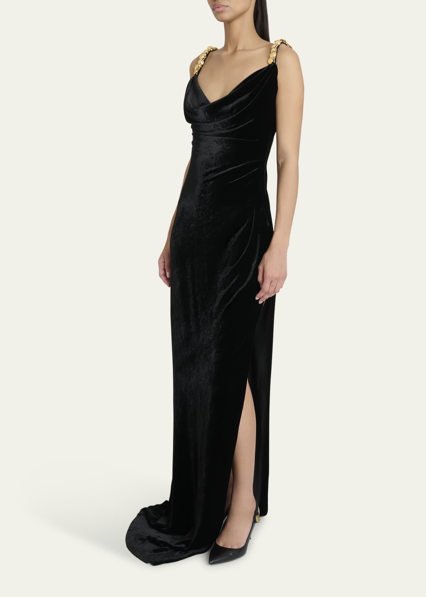 Balmain Button Cowl-Neck Velvet Slit Maxi Dress Image 4 of 5