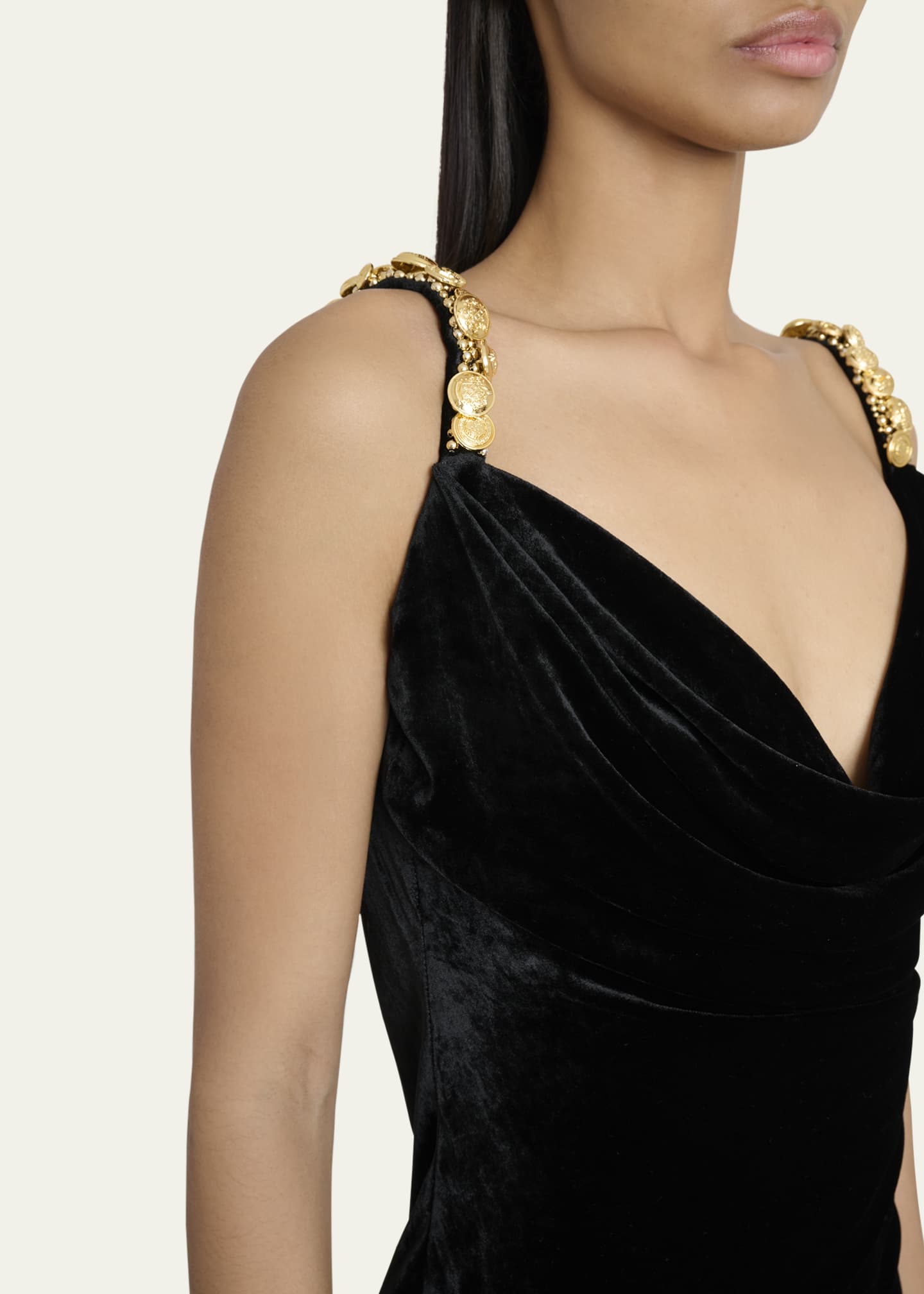 Balmain Button Cowl-Neck Velvet Slit Maxi Dress Image 5 of 5