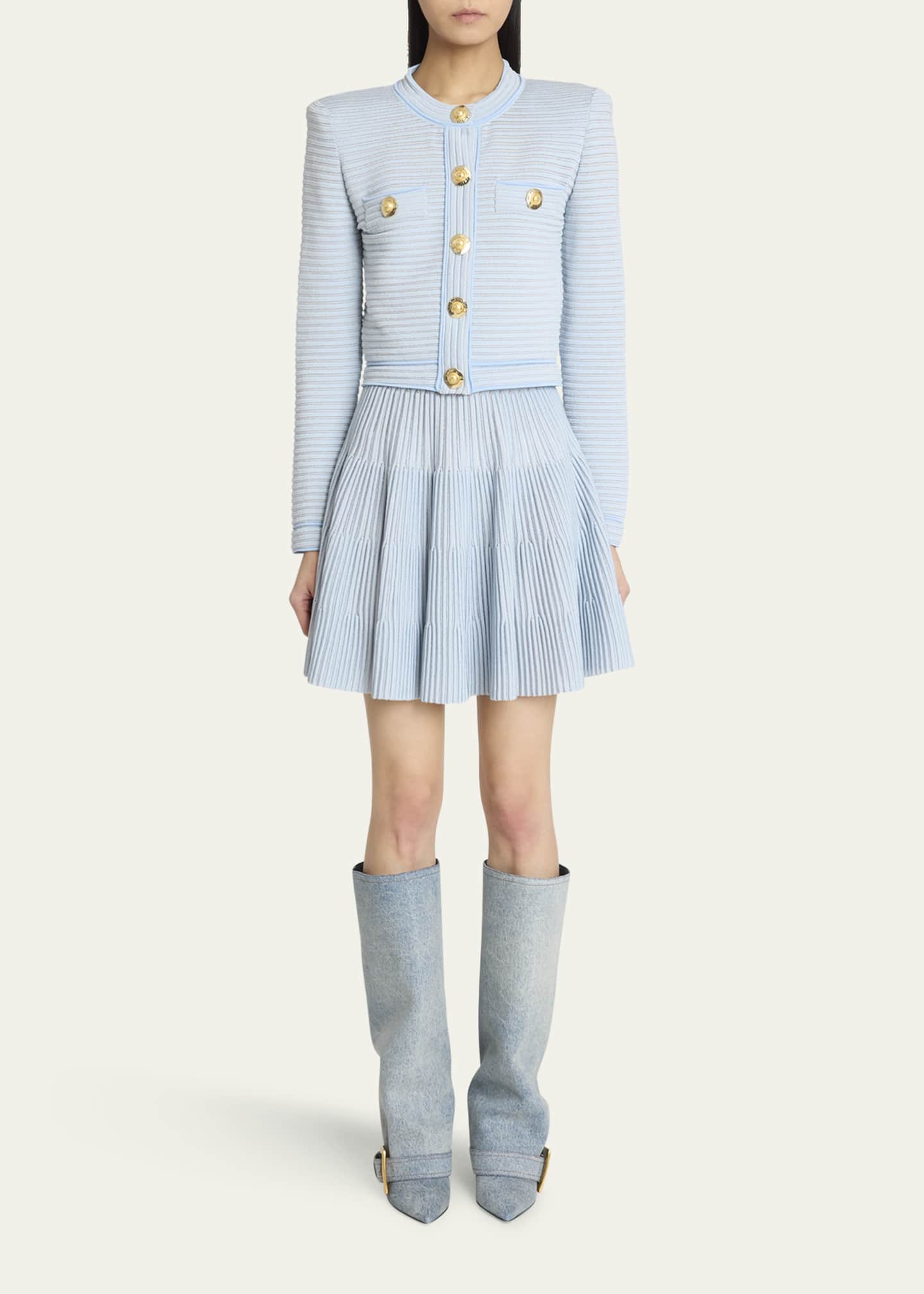 Balmain Buttoned Striped Knit Crop Cardigan Image 2 of 5