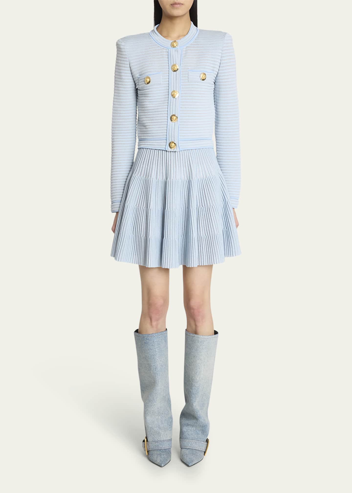 Balmain Pleated Knit Flare Mini Skirt Image 2 of 5