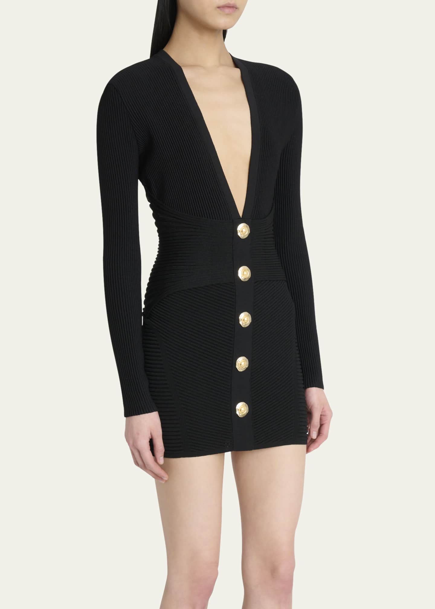Balmain Buttoned Plunging Rib Knit Mini Dress Image 4 of 5