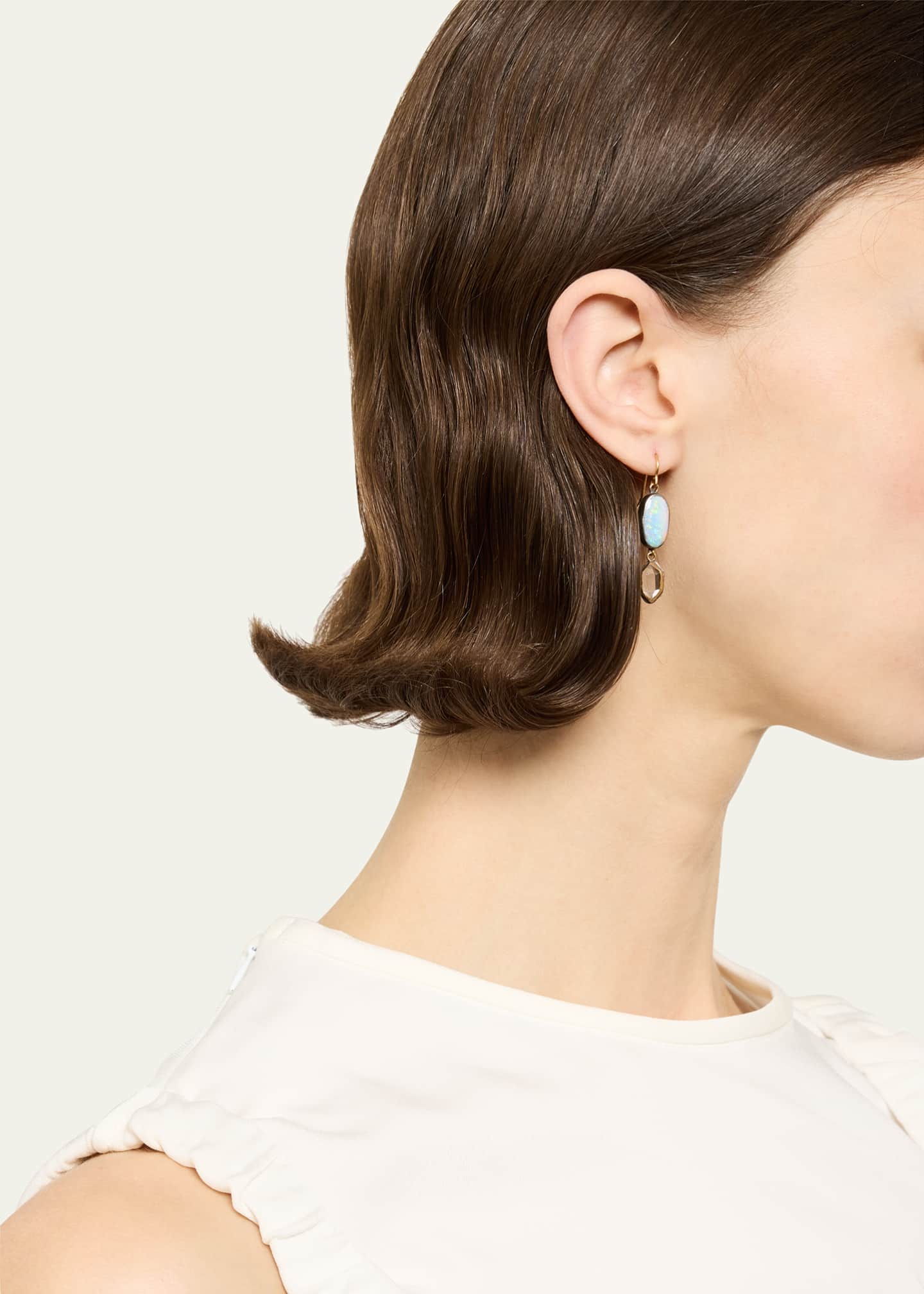 JUDY GEIB Flashy Oval Opal Earrings with Herkimer Diamond Drops Set in Silver and 18K Gold Image 2 of 4
