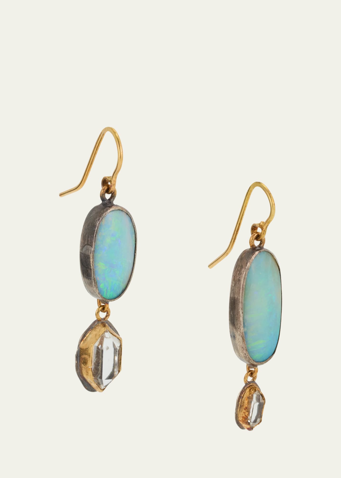 JUDY GEIB Flashy Oval Opal Earrings with Herkimer Diamond Drops Set in Silver and 18K Gold Image 3 of 4