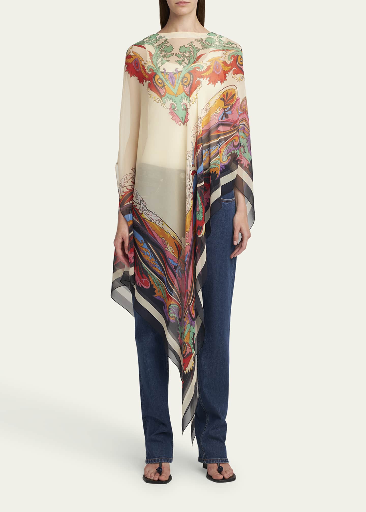 Etro Asymmetrical Paisley-Print Long Poncho Image 2 of 5